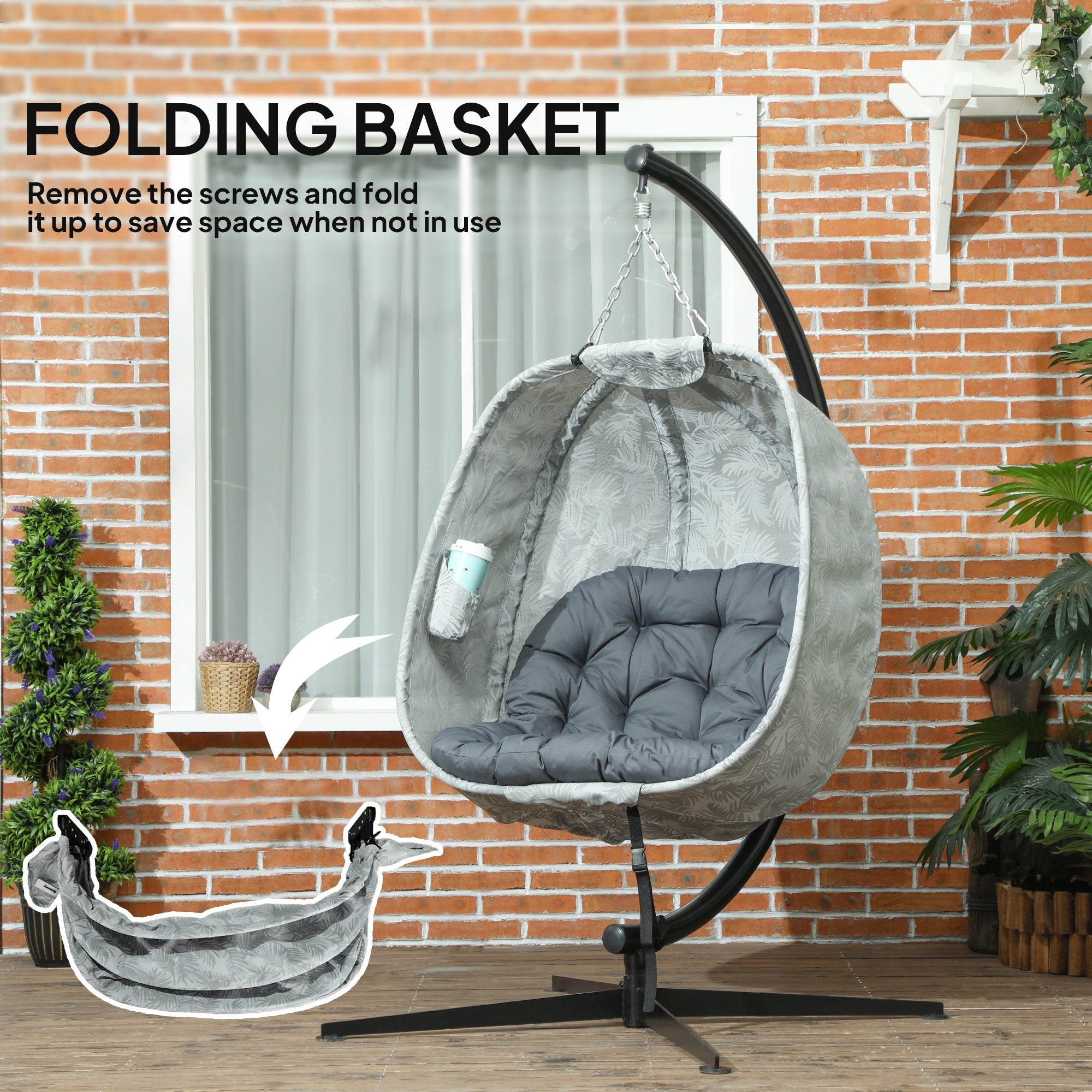 Hanging Egg Chair Folding Swing Chair with Stand, Thick Cushion, Cup Holder, Grey