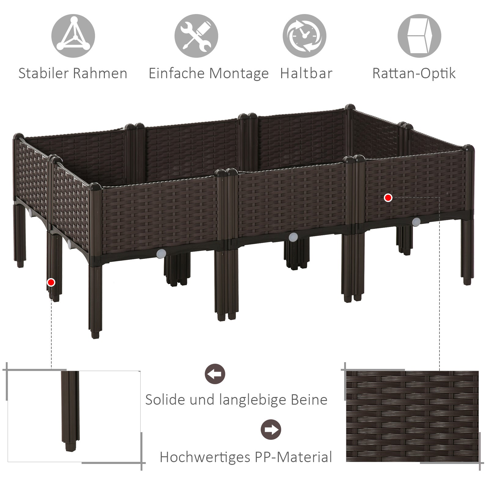 Raised Bed Planter 6-Piece Rattan Look with Drainage Holes Brown