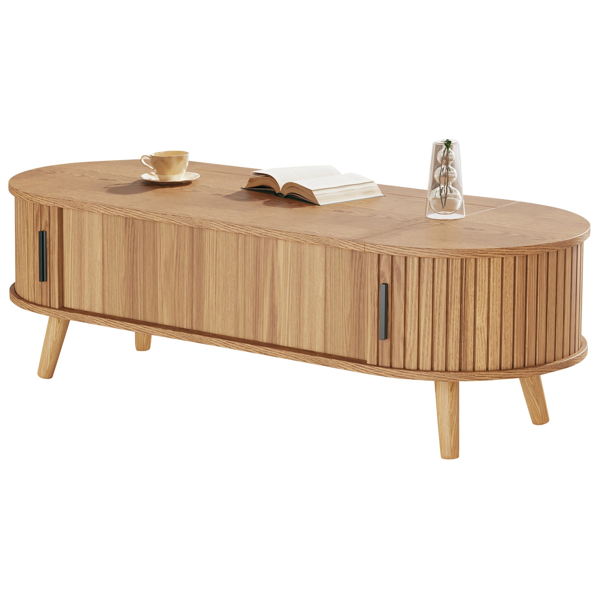 Liftable Coffee Table Hidden Storage 5 Shelves Original Wood Color