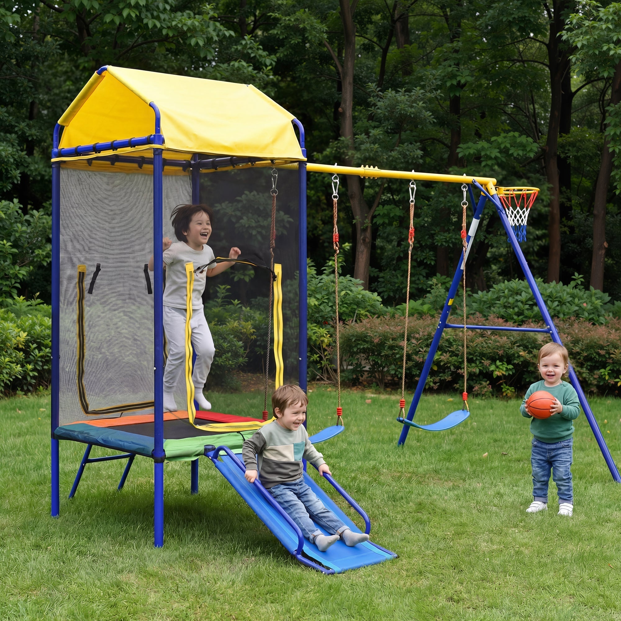 Multifunctional Outdoor Swing Set with Trampoline, Slide and Basketball Hoop, Sturdy Iron Frame