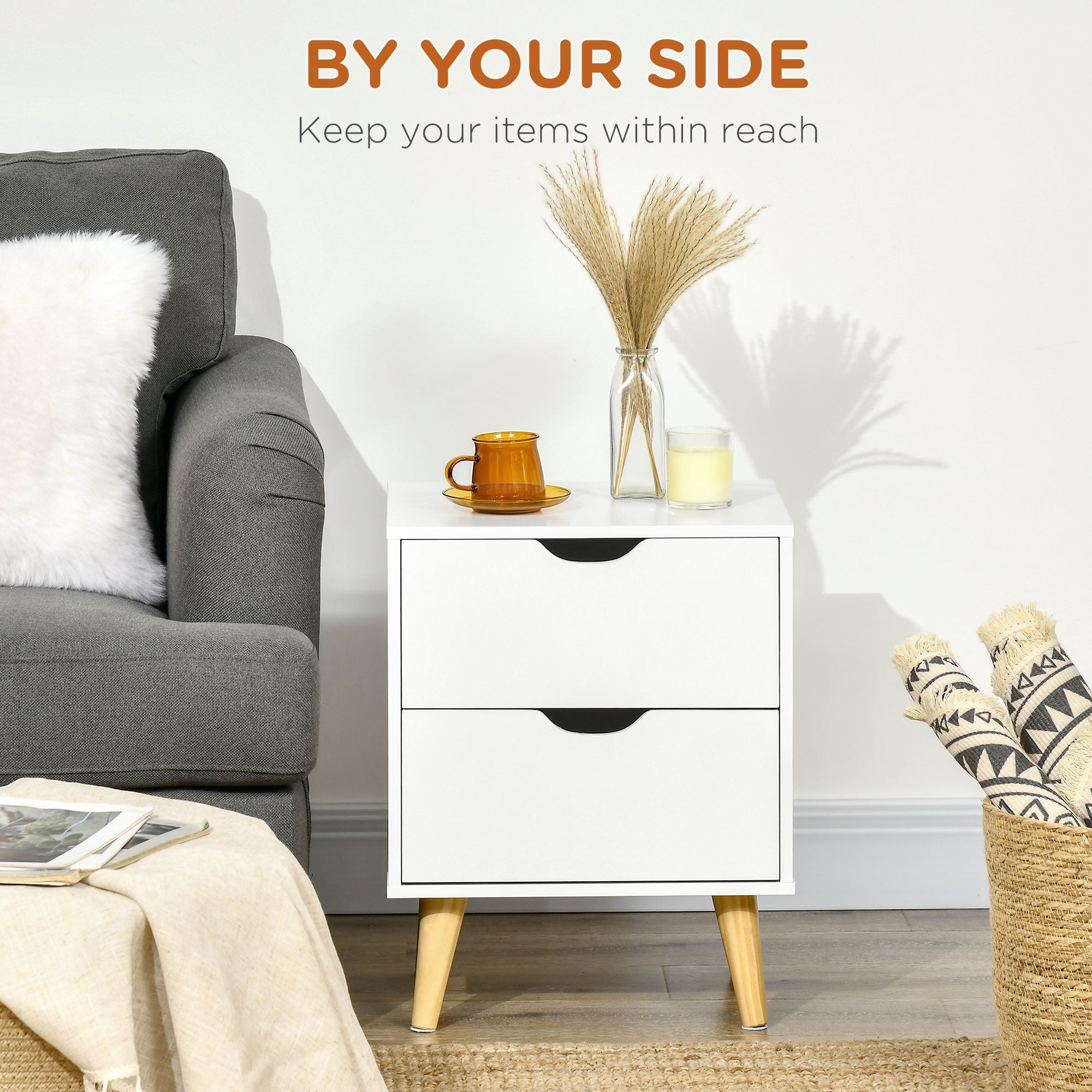Bedside Table with 2 Drawers, Pine Wood Legs, White