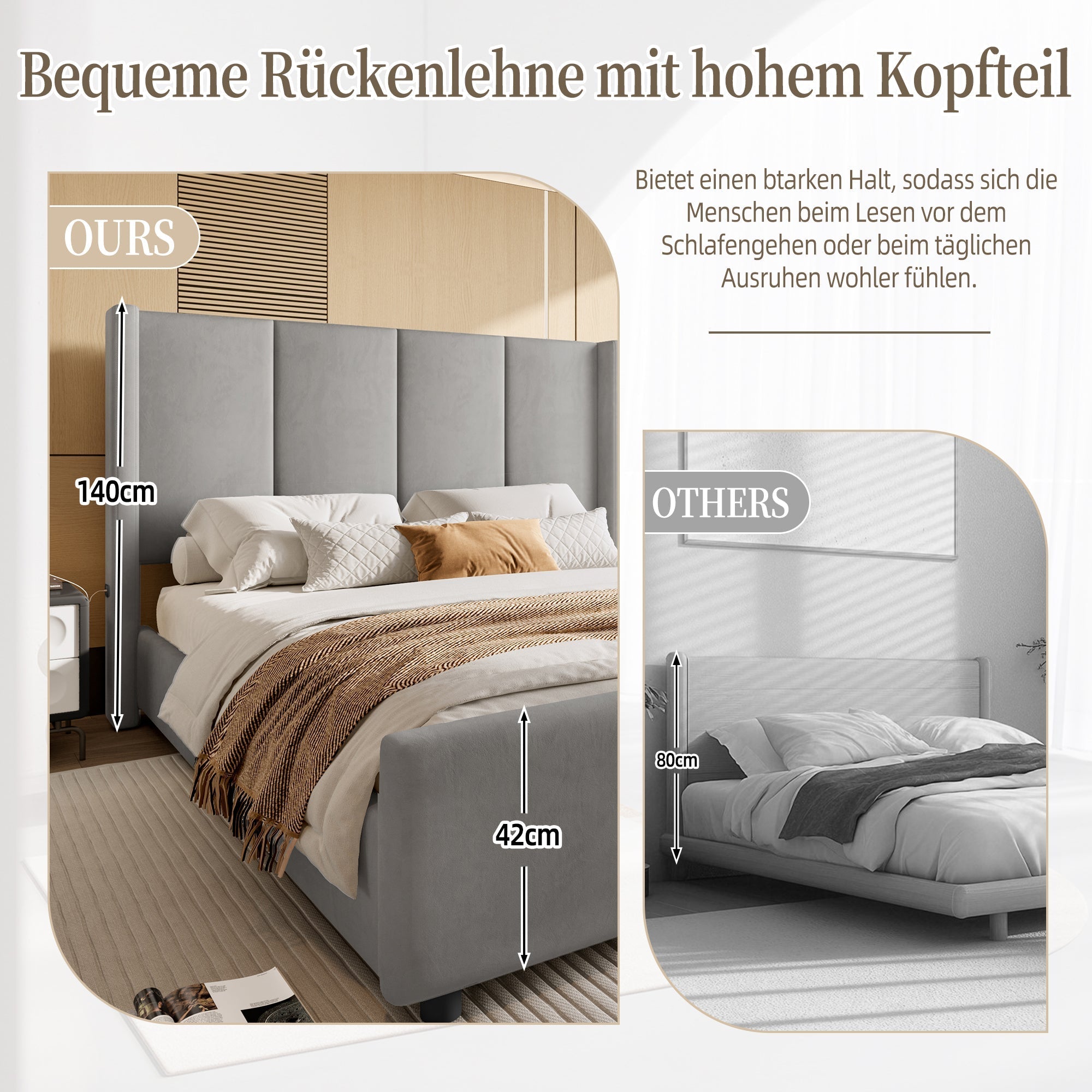 Upholstered Bed Frame, 160x200cm Modern with USB Port, Iron & Wood, Grey