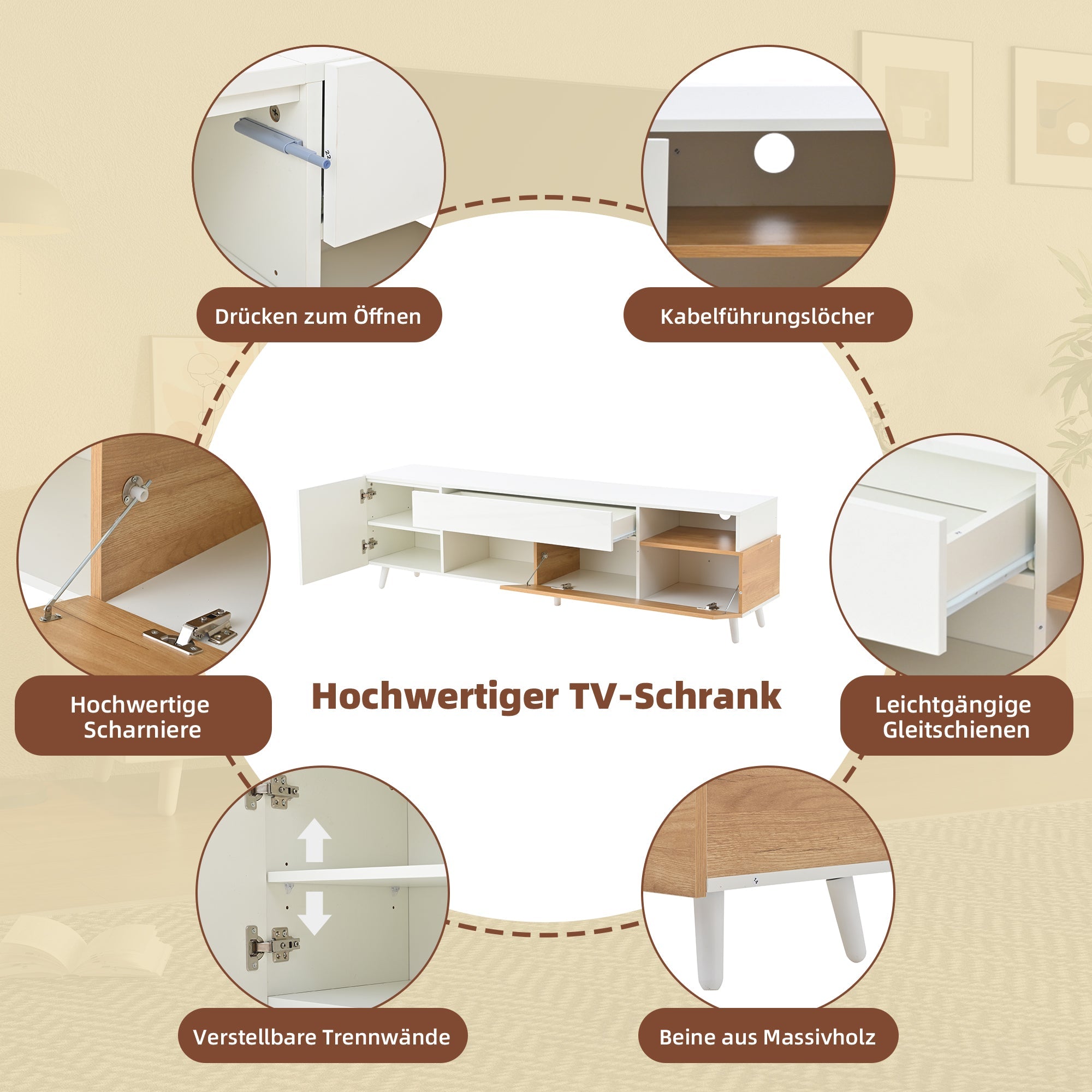 TV Cabinet, 180cm Lowboard with 1 Drawer & 7 Compartments, High-Gloss Finish