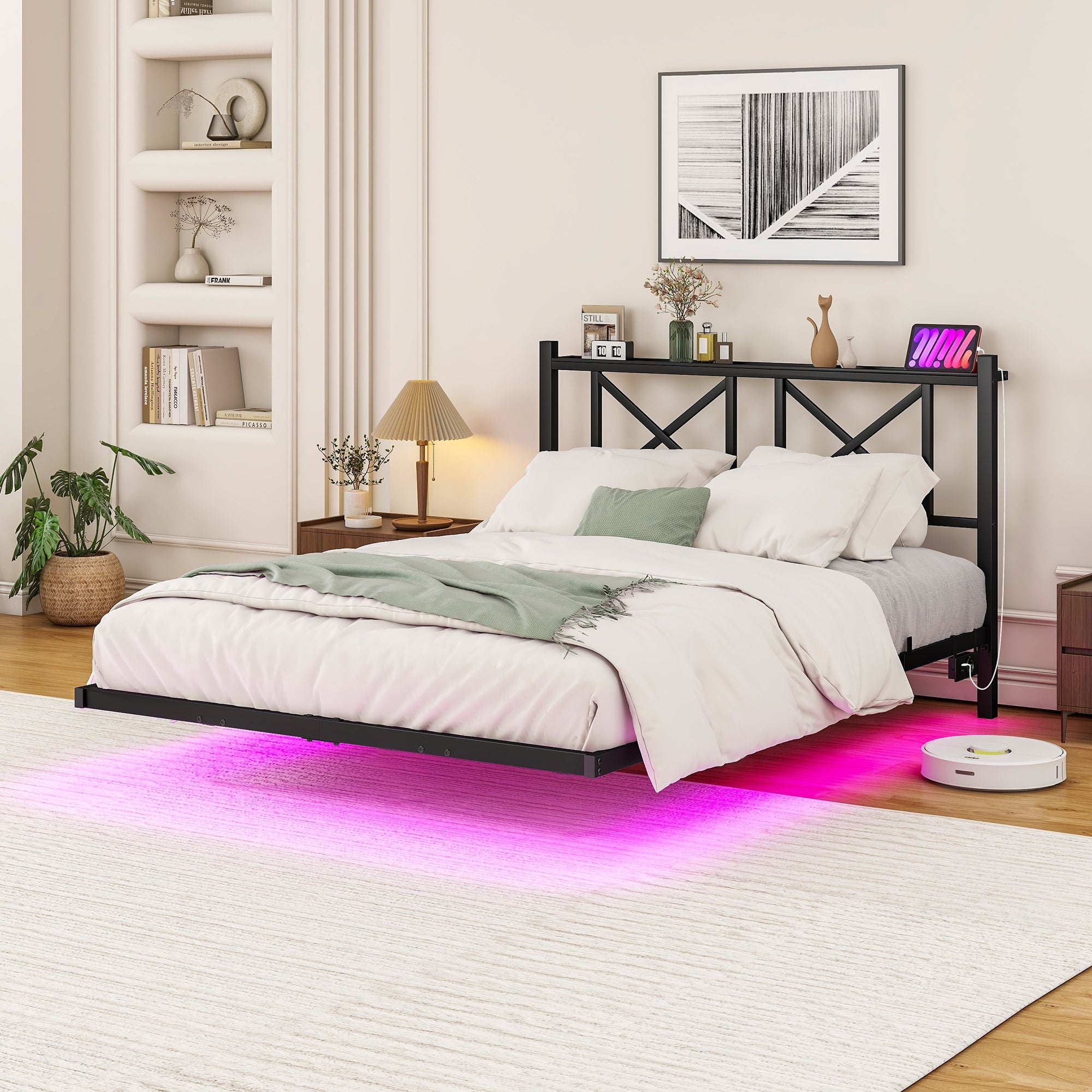 Double Bed Frame 120x200cm LED Charging Station Floating Design - Metal