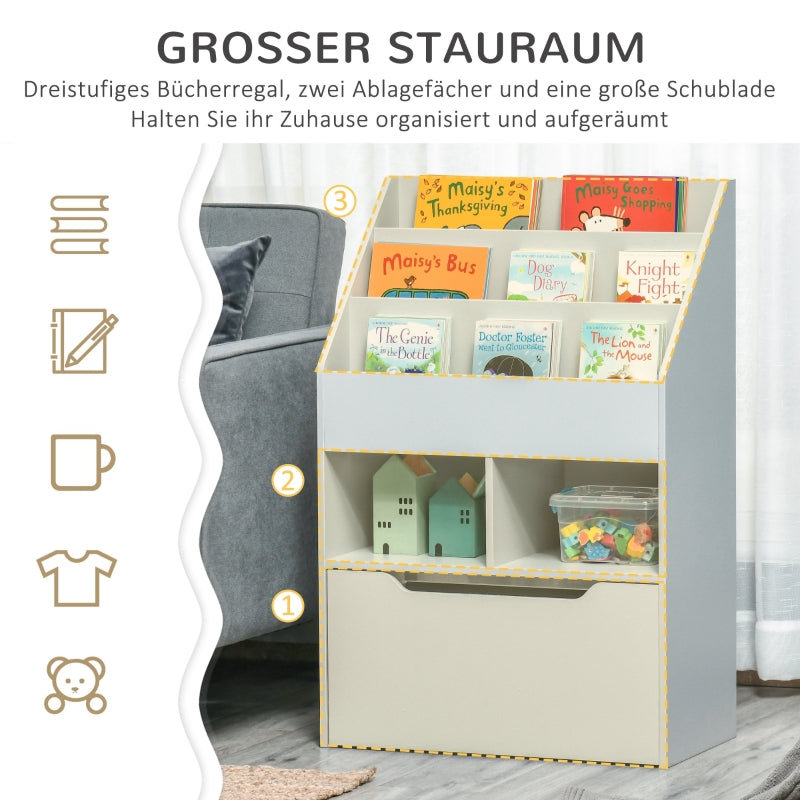 Children's Bookcase, 3 Shelves 2 Open Compartments, Grey