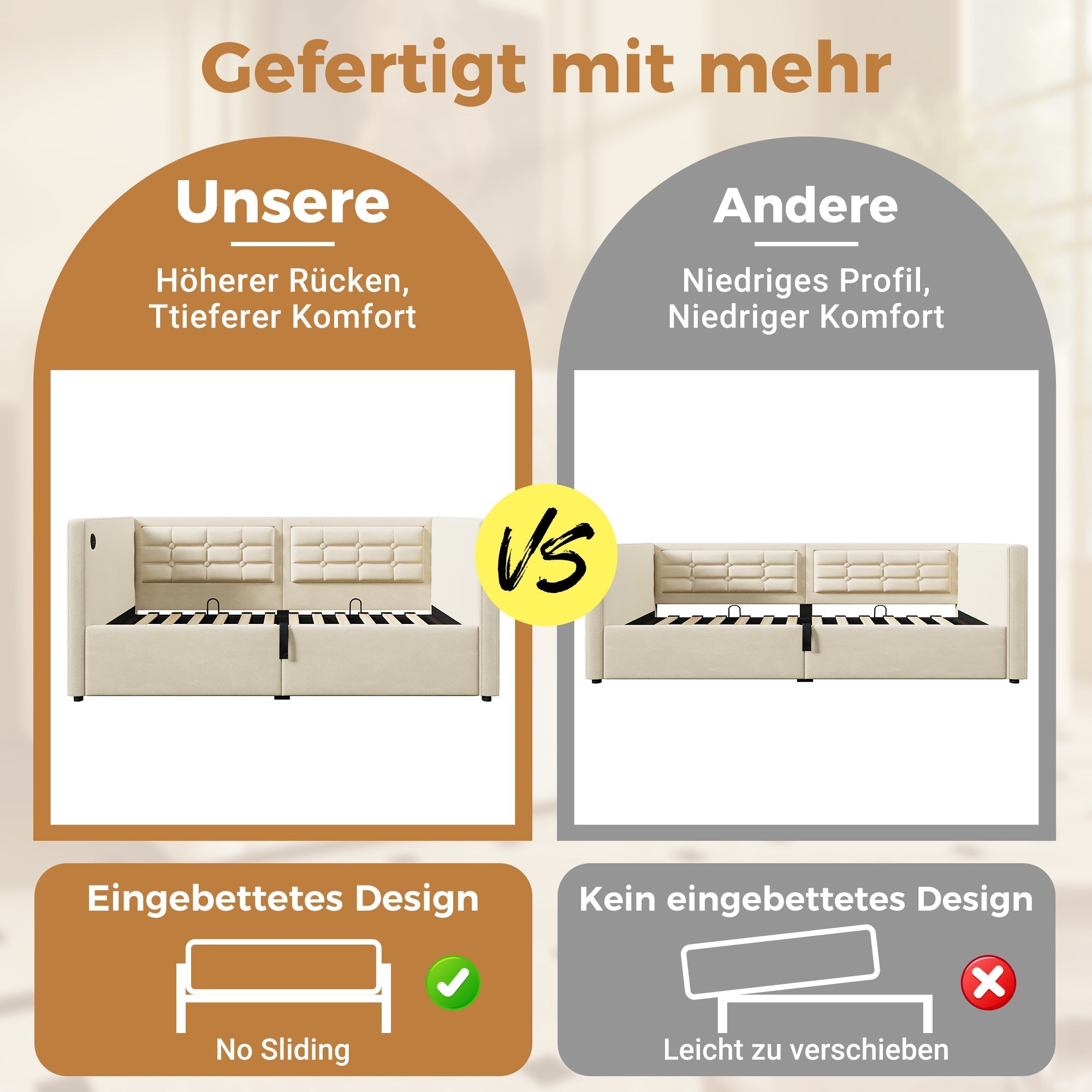Sofa Bed 90x200cm, Single with Hydraulic Storage & USB/Type-C Charging, Beige Velvet