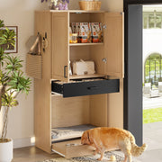 Pet Cabinet, Multifunctional with Feeding Station, Dog Bed, Storage, Hooks, Oak Look