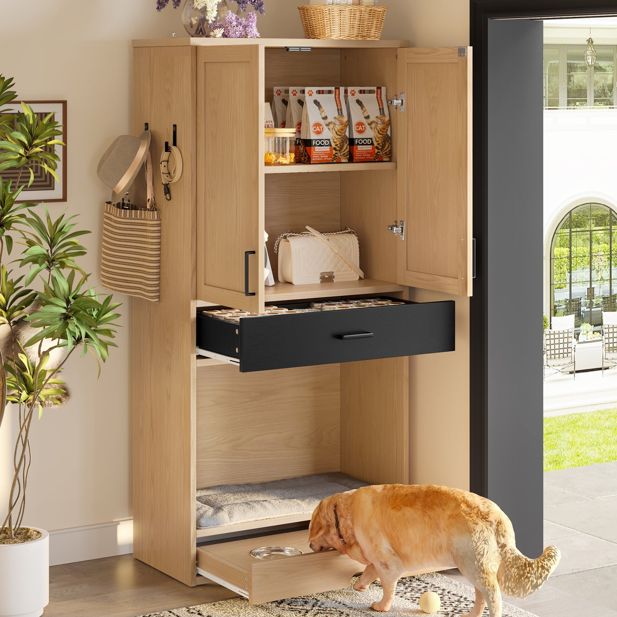 Pet Cabinet, Multifunctional with Feeding Station, Dog Bed, Storage, Hooks, Oak Look