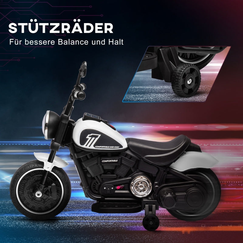 Electric Children's Motorcycle with LED Headlights and Removable Training Wheels, Black and White