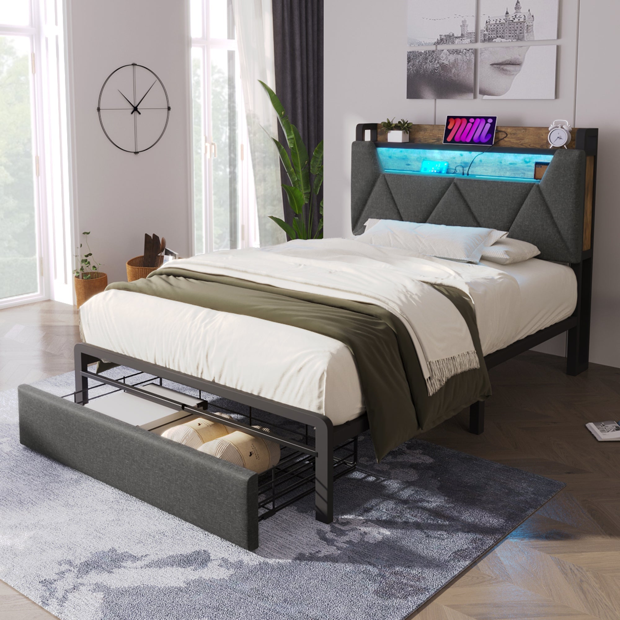 Upholstered Single Bed with LED Lighting, USB Type-C Charging Function, Storage Headboard and Drawers, Linen, Grey