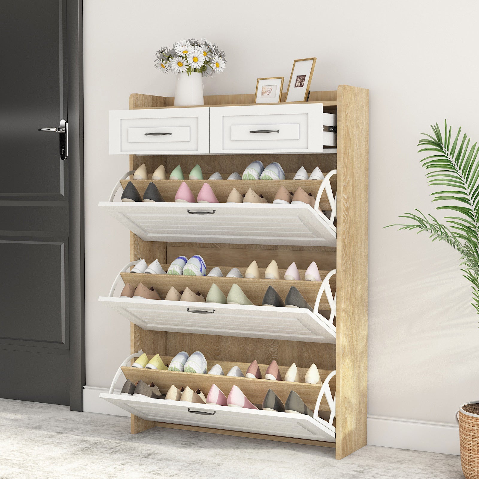 Shoe Cabinet Rotating Shoe Rack with 3 Doors and 2 Drawers Wood