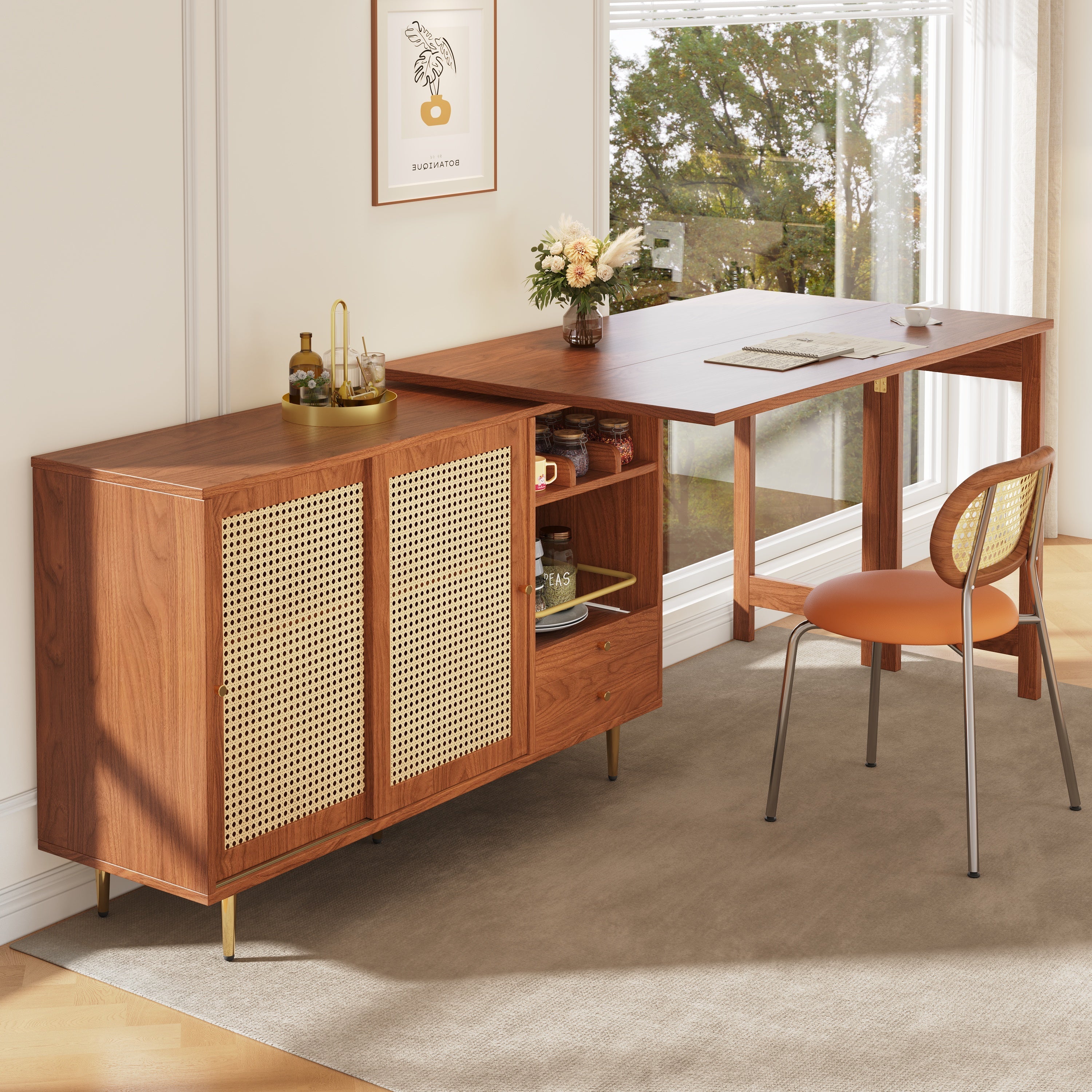 360° Rotating Bar Table Extendable Storage Rattan Door Brown