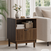 Modern Nightstand with Slatted Base and Drawer, 45x39x56.5cm, Walnut Wood Color