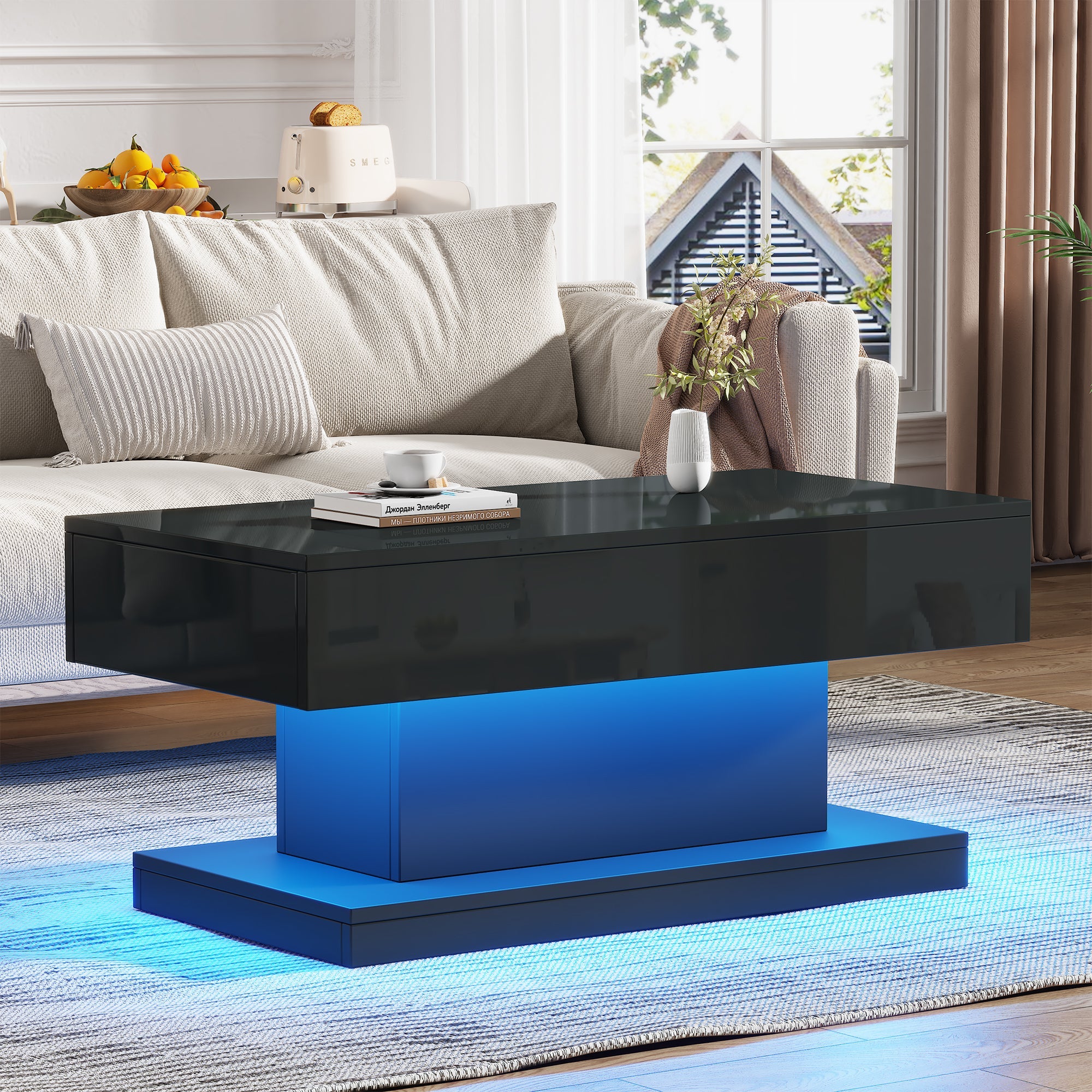 Coffee Table 100x50x45cm, 2 Drawers, LED Light, High-Gloss Black