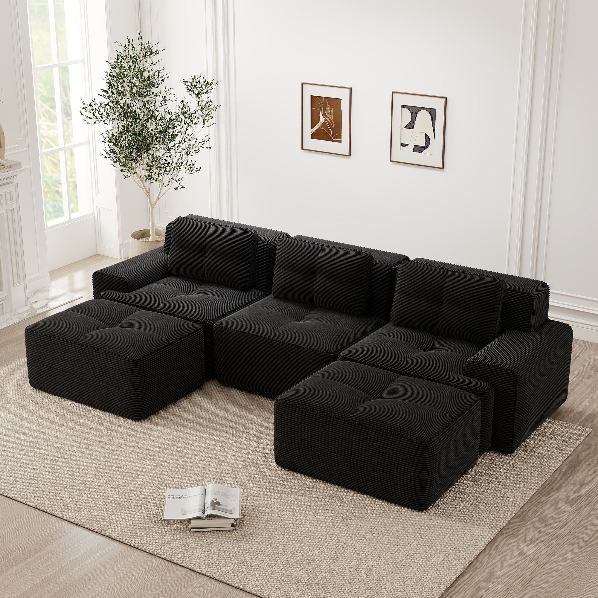 Cloud Modular Sofa U-shaped 3-Seater with Ottoman Corduroy Black
