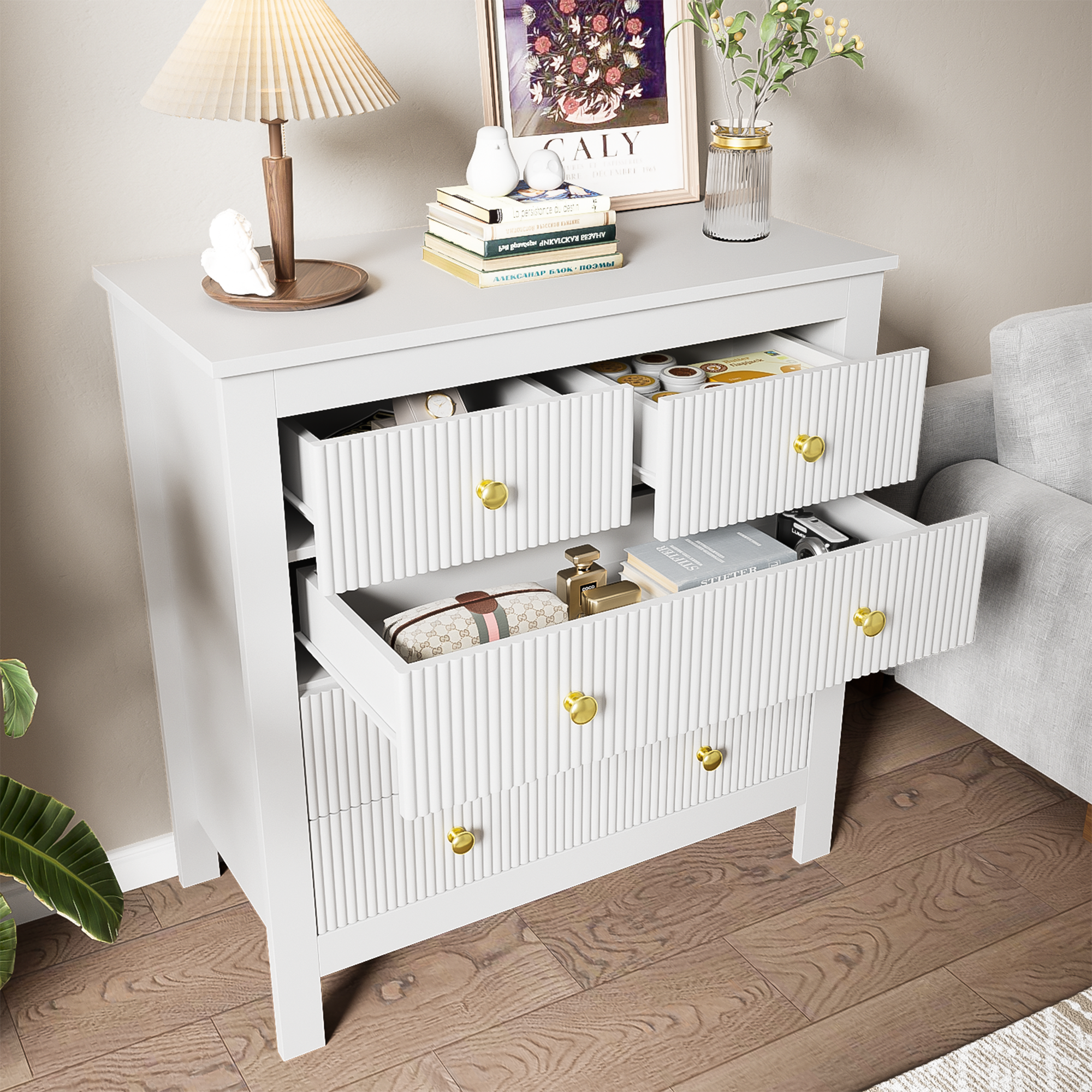 Sideboard, chest of drawers with special doors, gold handles