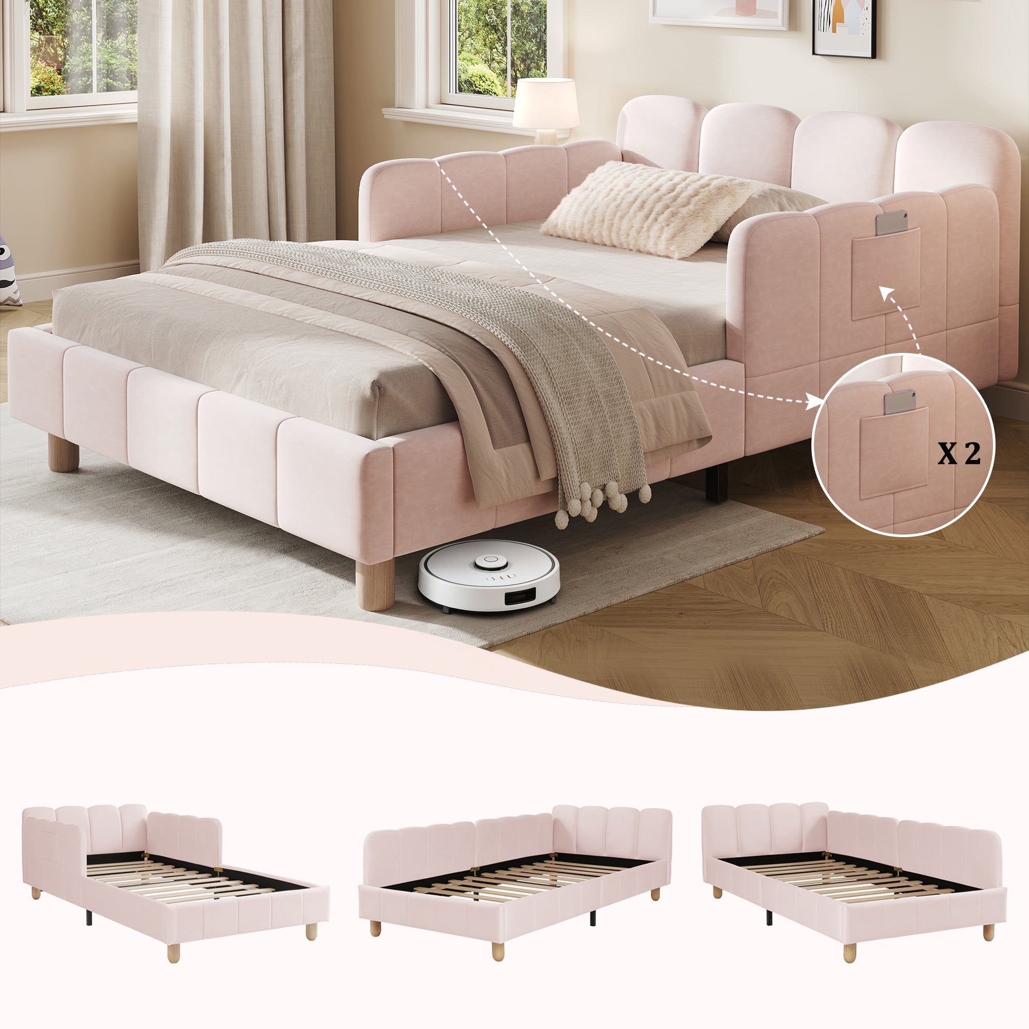 Upholstered Children's Single Bed with Headboard and Safety Rail, 90x200cm, Pink Velvet