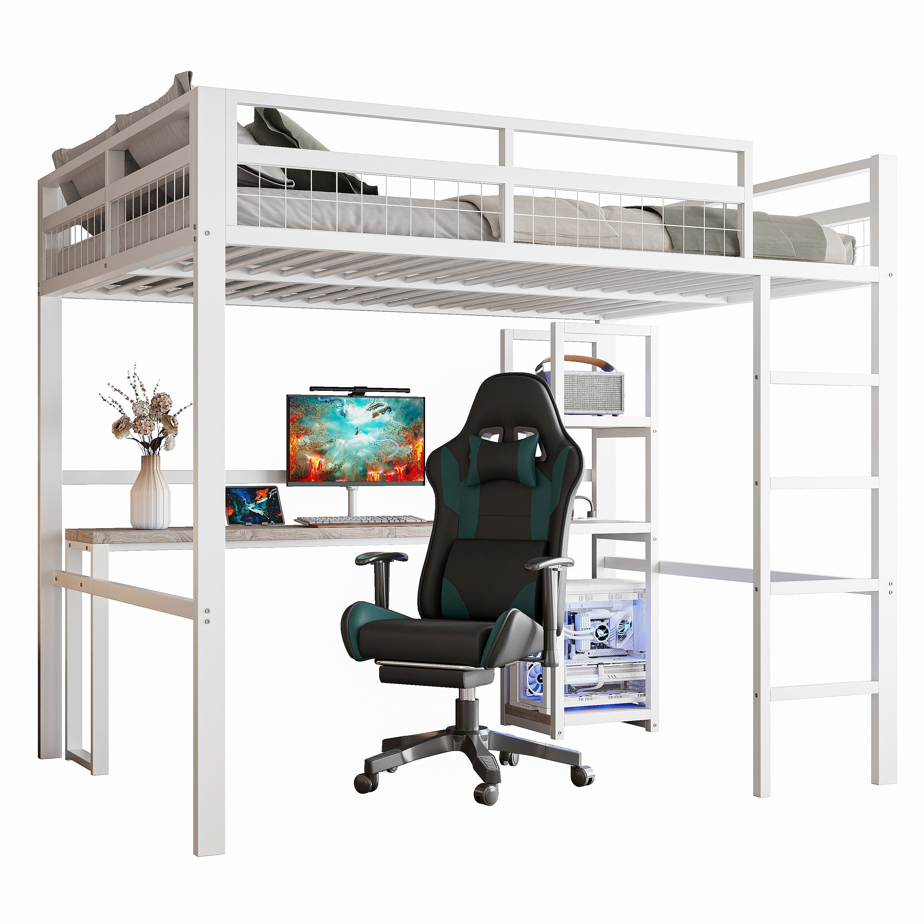 Loft Bed 140x200cm Desk Power/USB-C Shelves Stepladder - White Iron Frame