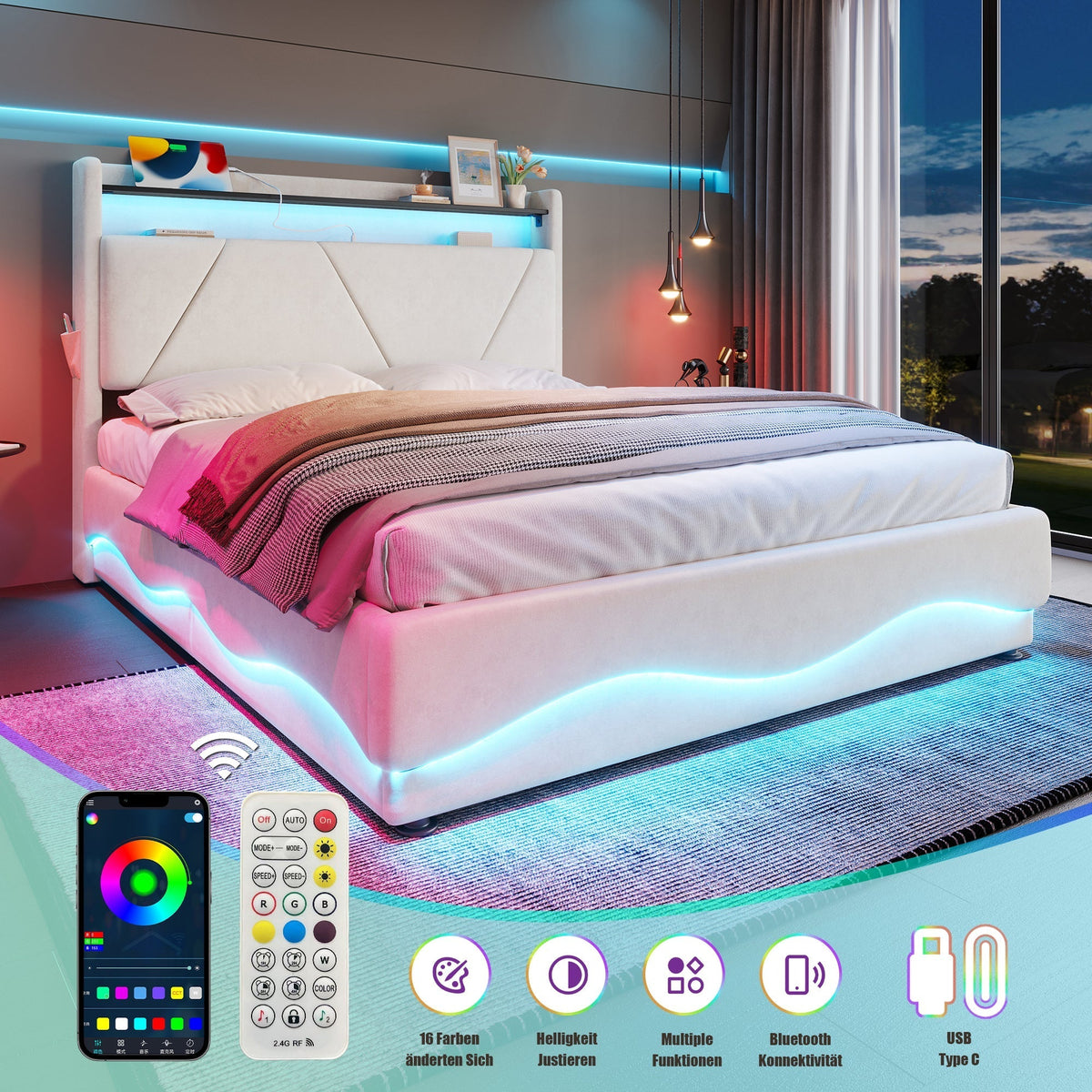 Upholstered Bed 160x200cm LED Headboard Storage USB Gas Lift