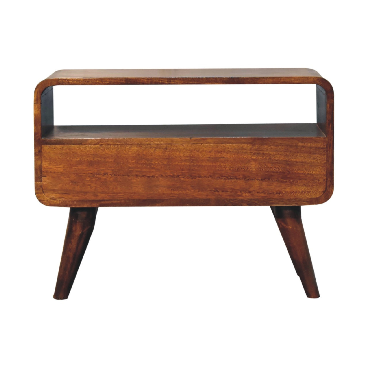 Solid Wood Mini Curved Media Unit, 1 Drawer, 1 Open Slot, Brown