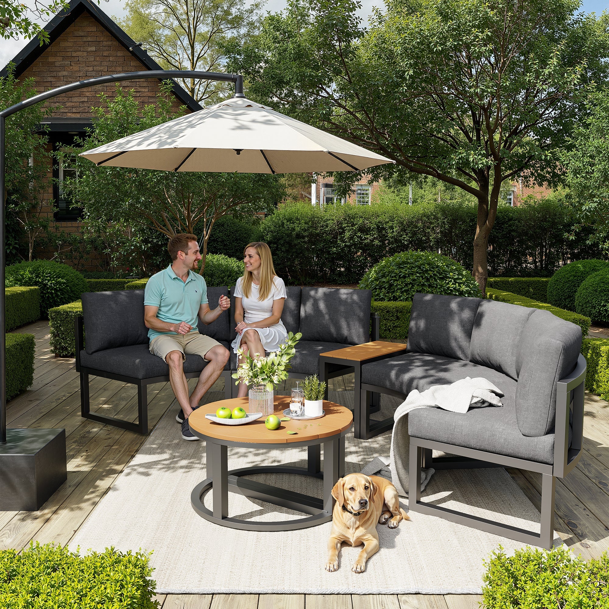 Garden Lounge Set 4-6 Seater Adjustable Legs Round Sofa - Grey