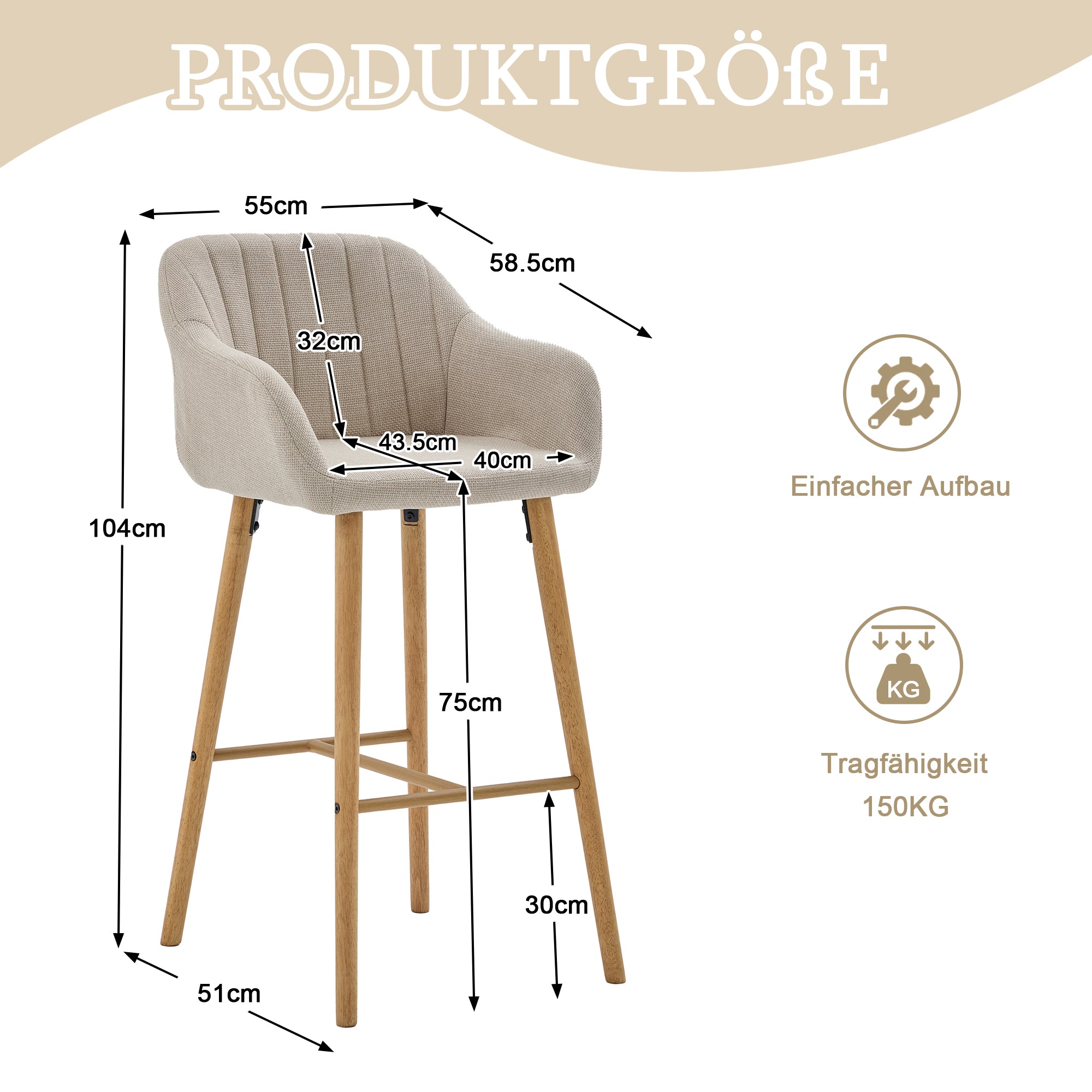 Bar Stools, Set of Two, High Backrest & Armrests, Linen & Wooden Legs