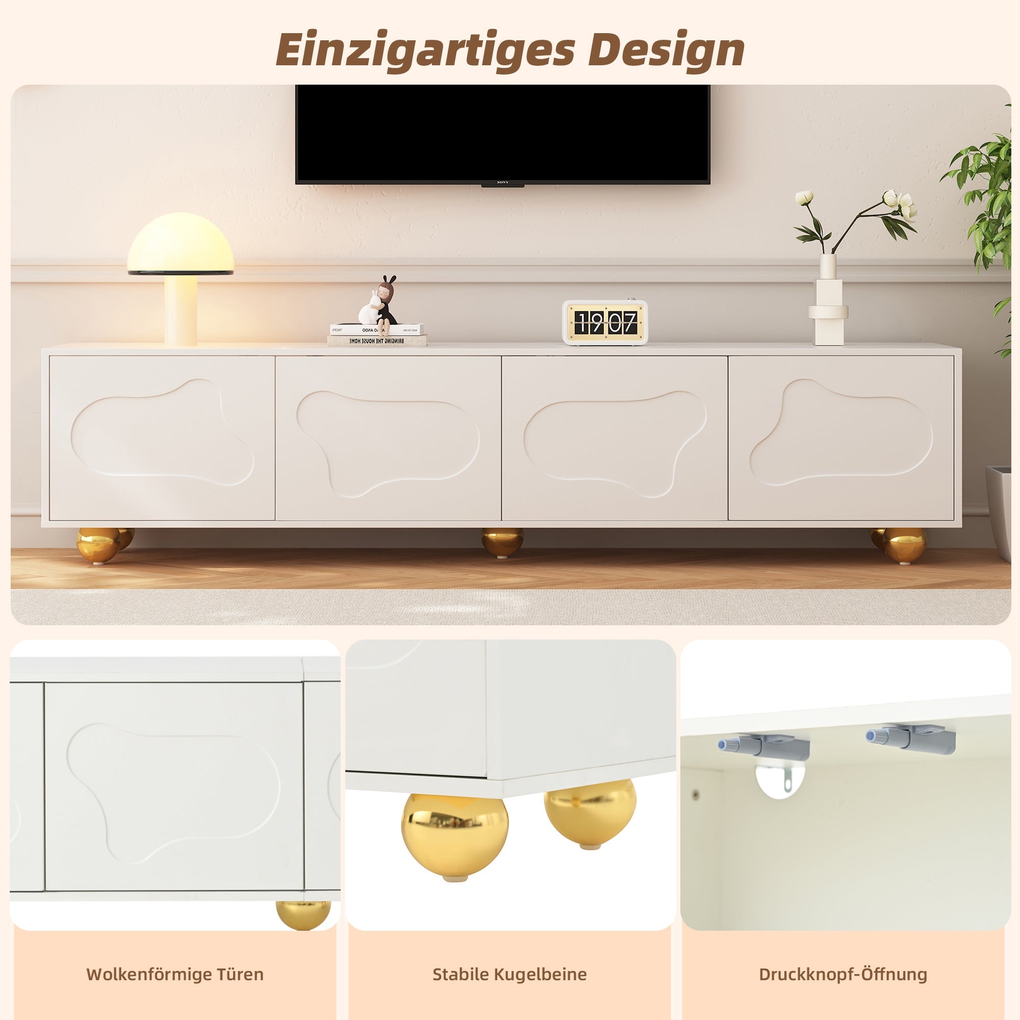 TV Cabinet, Cloud-Shaped Lowboard with 2 Cabinets, 75-inch