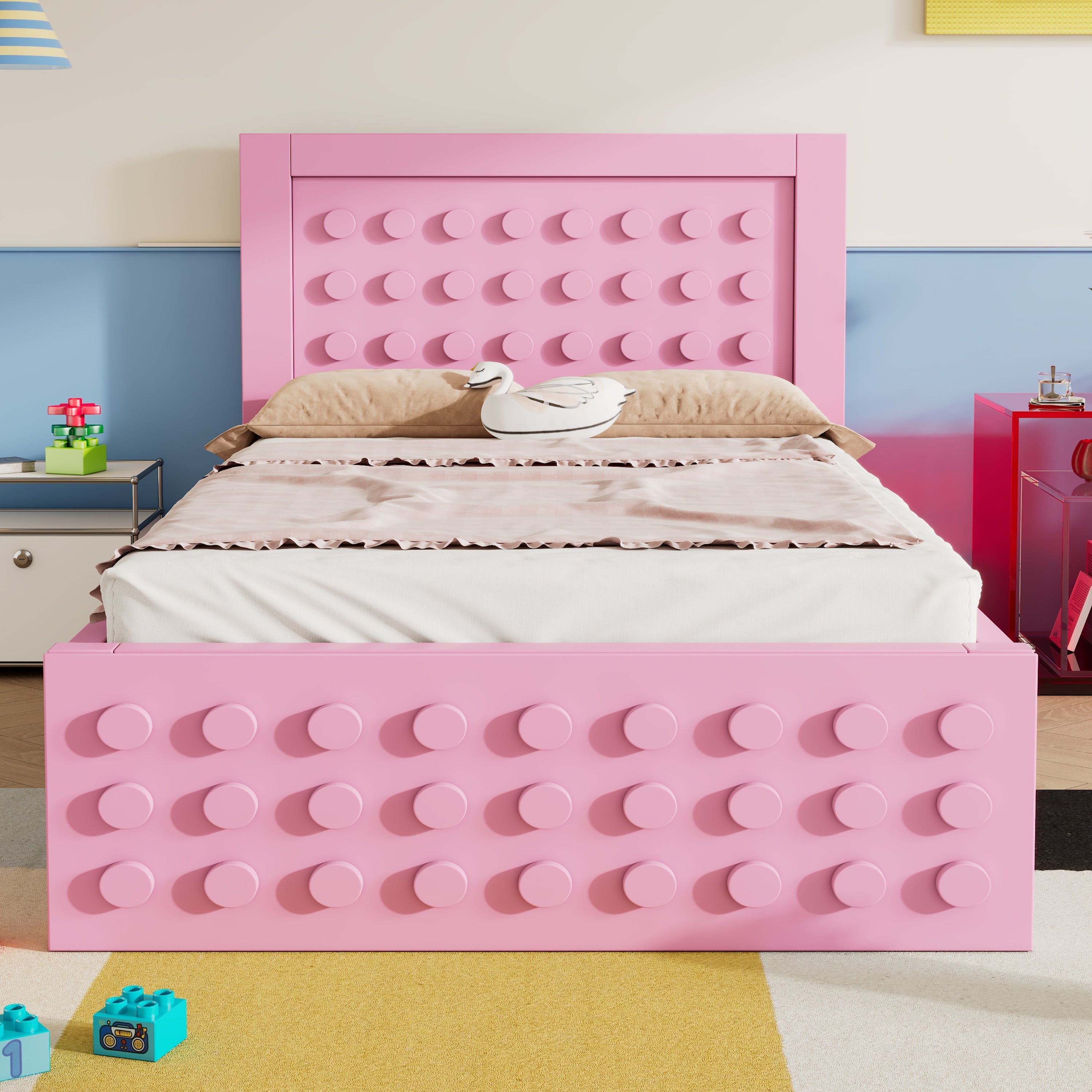 Wooden Single Bed 90x190cm Children's Creative Block Design with Drawers Pink