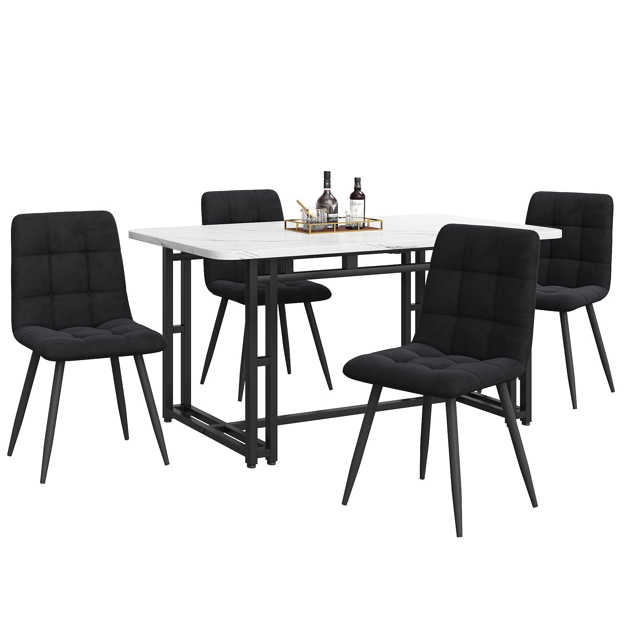 Dining Set (5-Piece) Modern Kitchen Table 140x80cm with Black Velvet Chairs, Black Iron