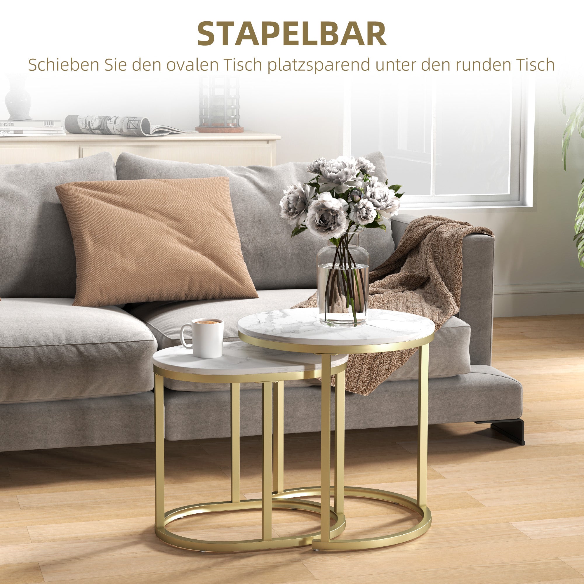 Round Coffee Table Set of 2 Stackable Side Tables, Steel Frame, White