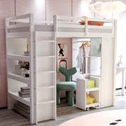 Children's Loft Bed, Multi-Level Shelves, Hangers, Storage, Removable Trolley, 90 x 200 cm, White
