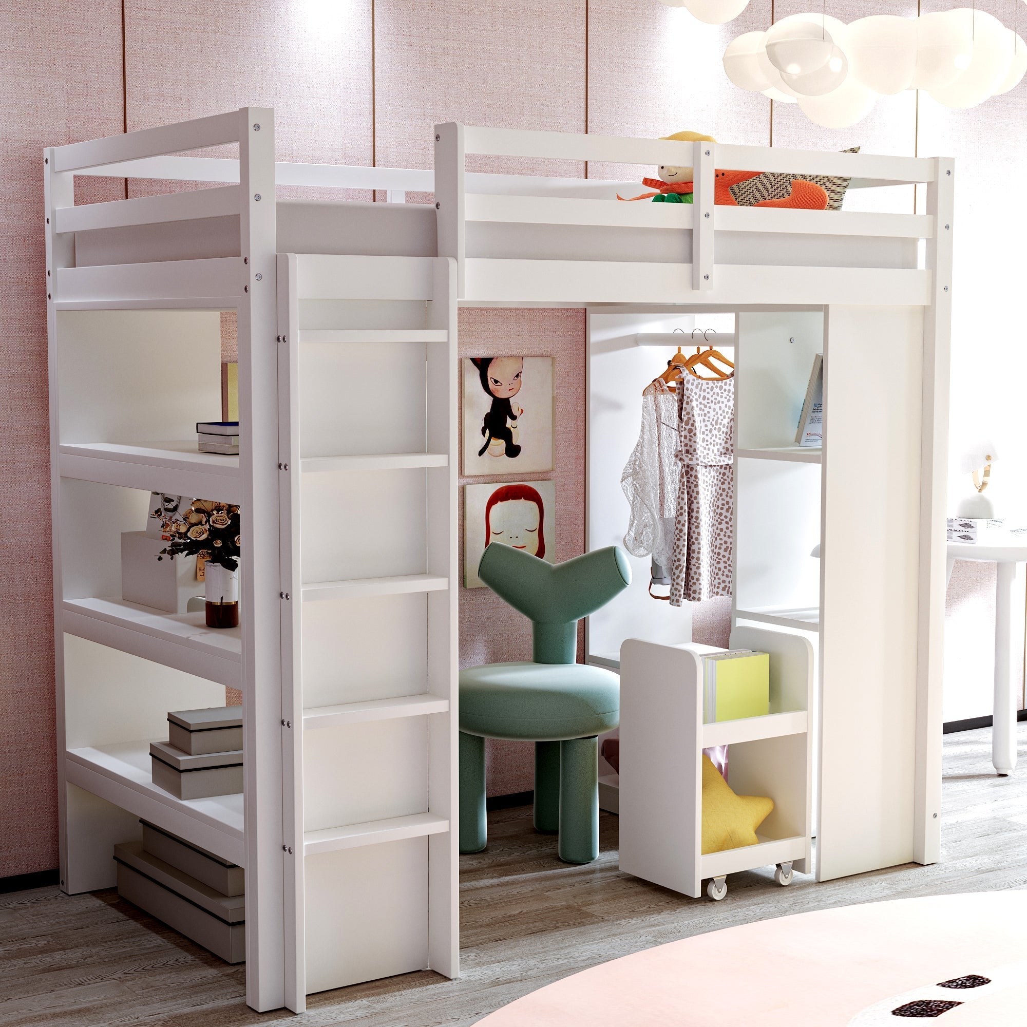 Children's Loft Bed, Multi-Level Shelves, Hangers, Storage, Removable Trolley, 90 x 200 cm, White