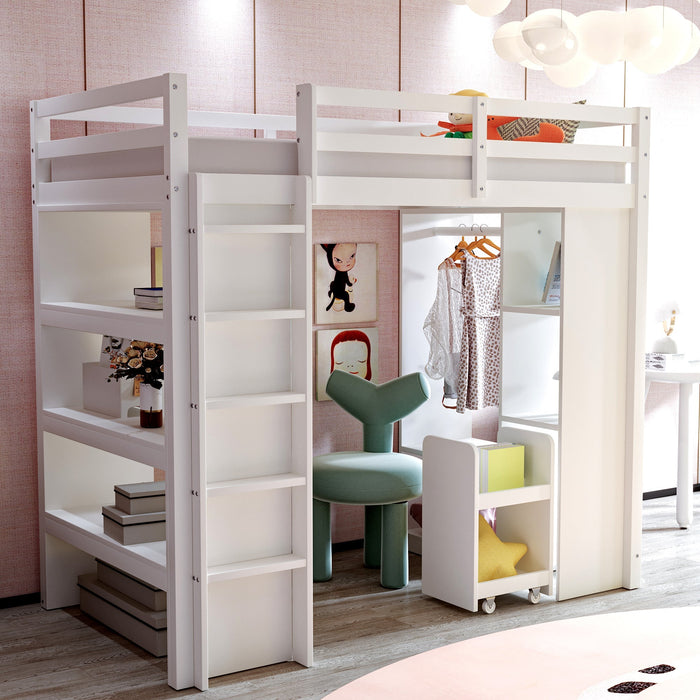 Children's Loft Bed, Multi-Level Shelves, Hangers, Storage, Removable Trolley, 90 x 200 cm, White