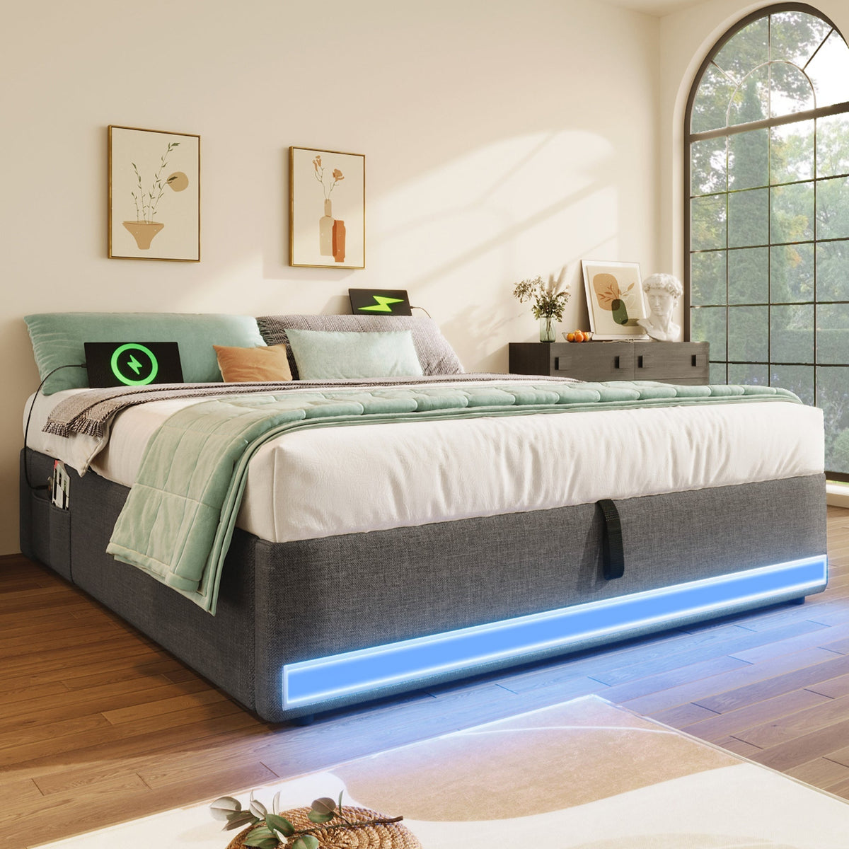 Upholstered Bed 140x200cm Hydraulic Storage LED USB/Type-C Pockets No Headboard - Grey