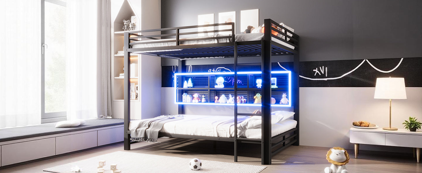 Bunk Bed 140x200 with Storage Cabinets LED Light Black