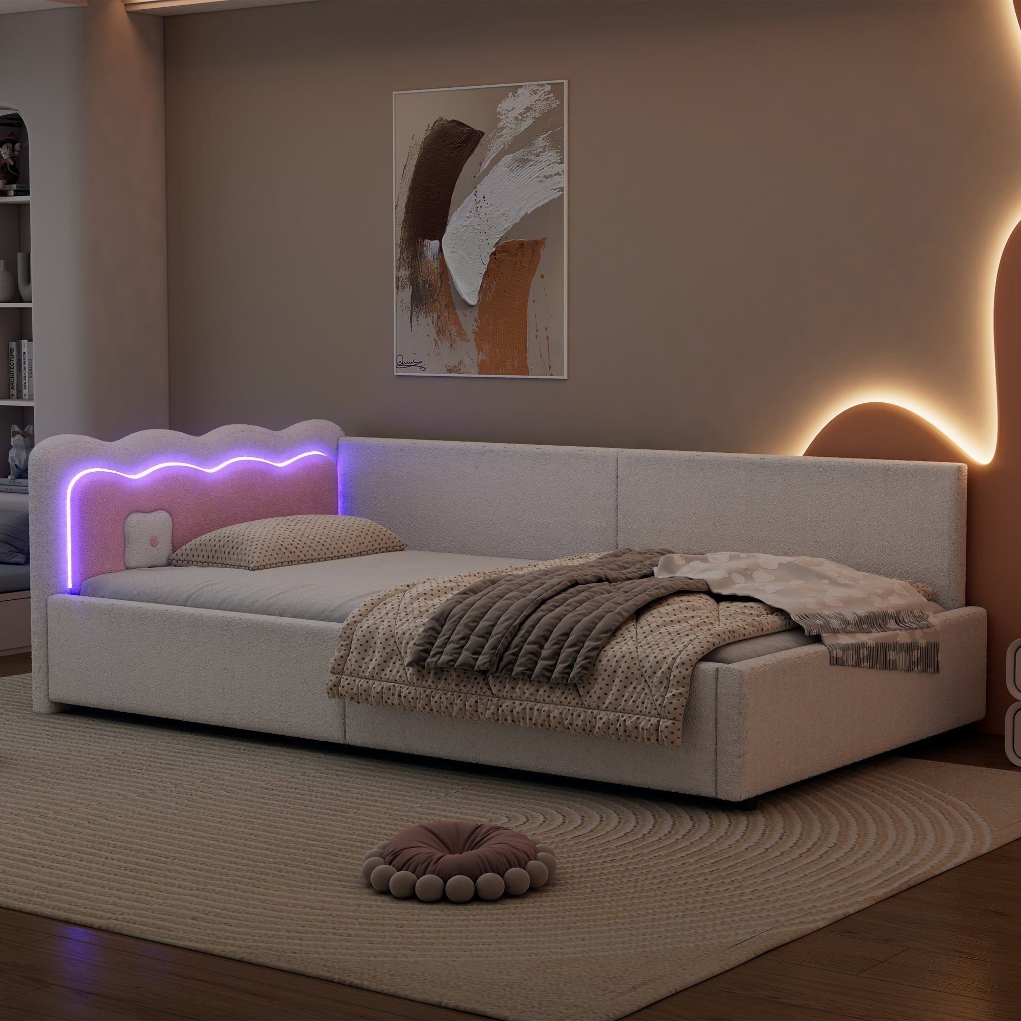 Daybed Sofa Bed 90x200cm LED Remote Control - White Imitation Fleece