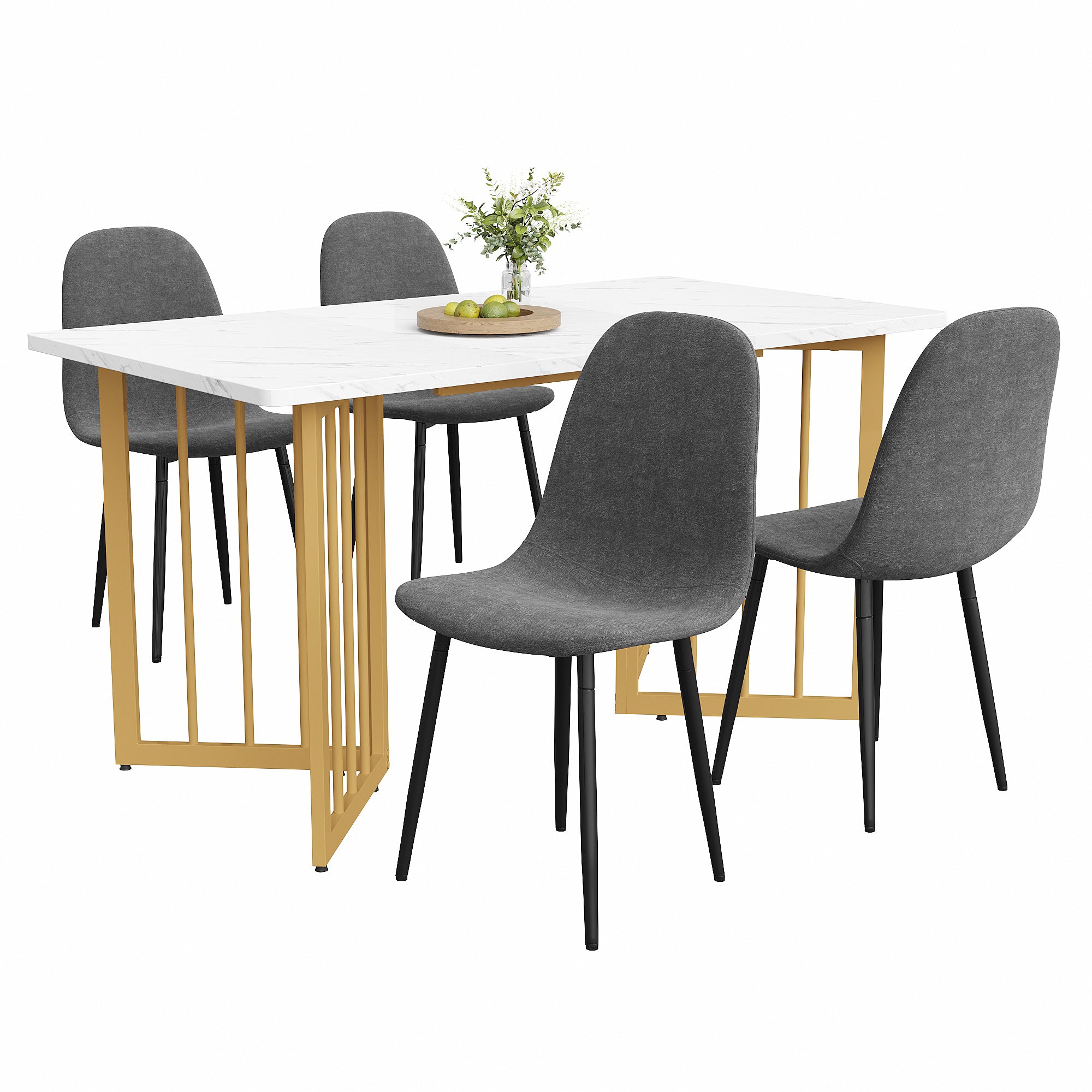 Dining Set (5-Piece), Table with 4 Modern Chairs, Metal Legs, Grey Linen