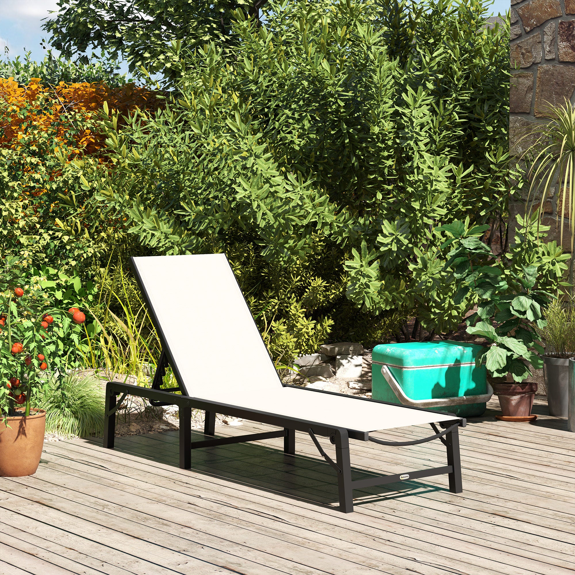 Folding Sun Lounger, 5-Position Adjustable Reclining Chair Steel Frame, Khaki