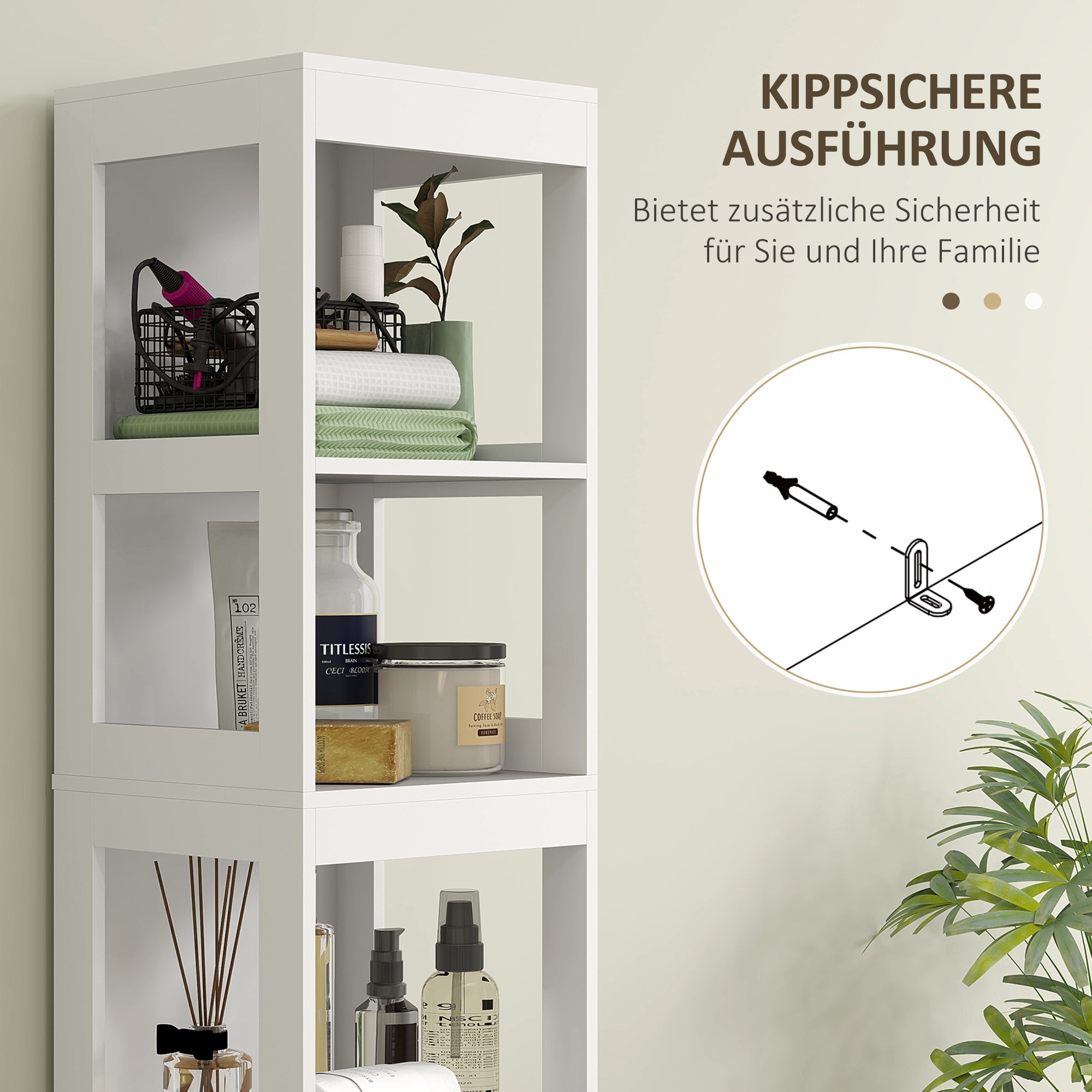 Schlanker Badezimmerschrank, Hochschrank mit 2 Schubladen, 3 offenen Fächern, Weiß