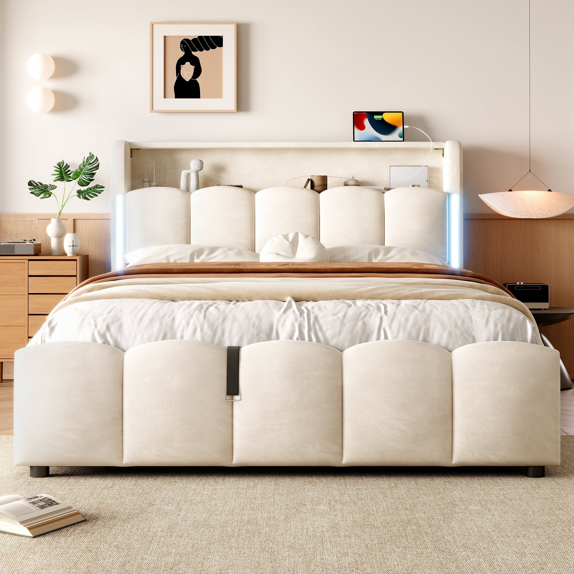 Upholstered Bed 140x200cm Hydraulic Storage LED Headboard USB/Type-C Ports - Beige Velvet