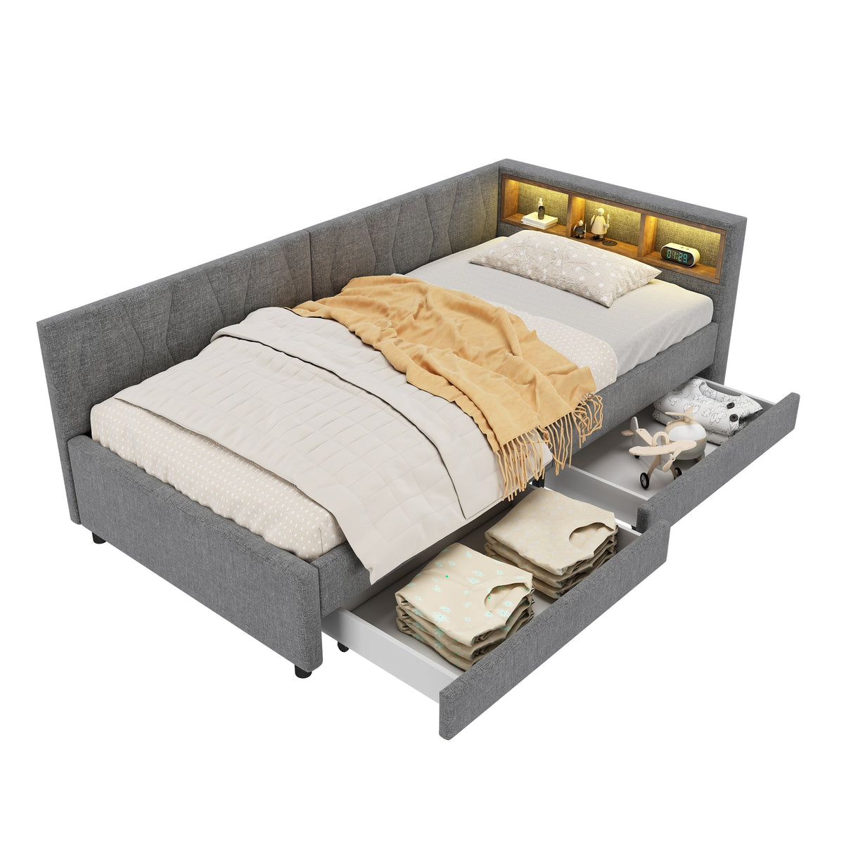 Daybed Sofa Bed 90x200cm Storage Compartment USB/Type C Two Drawers Linen Grey