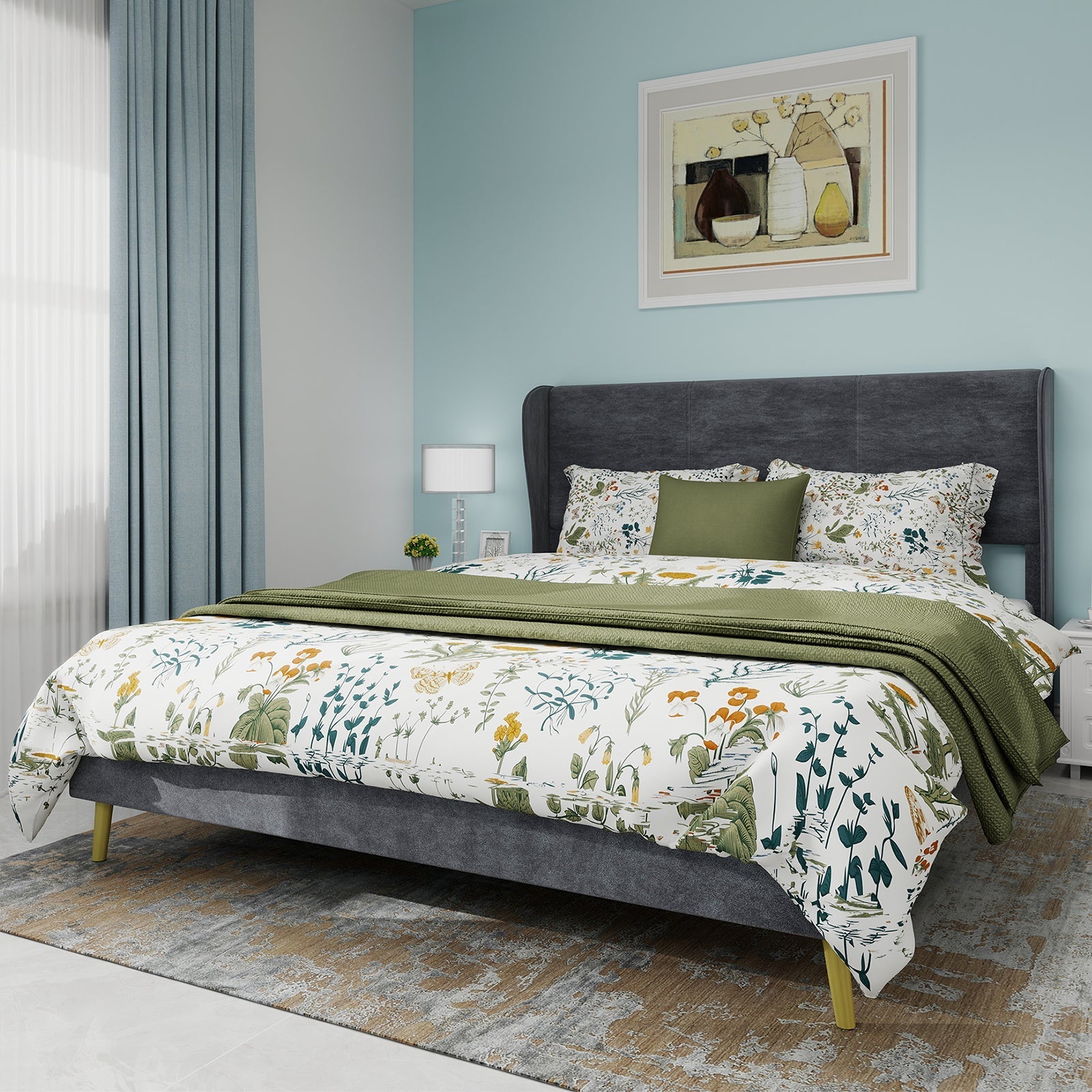 Upholstered Bed, Modern Minimalist Soft Headboard, 160x200 cm Grey