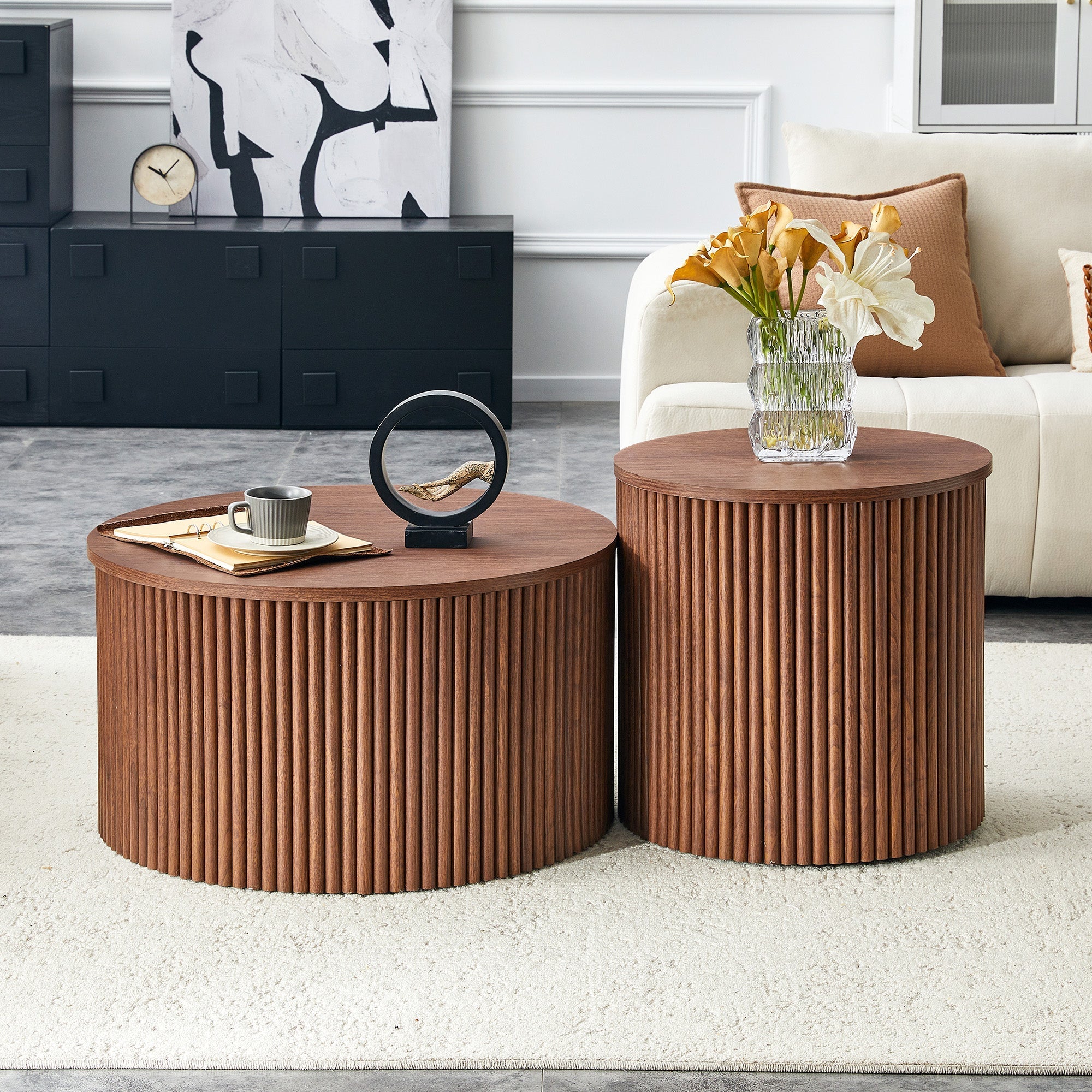 2-Piece Nesting Coffee Table Set, Roman Column Round Design with Built-in Storage, Walnut Grain MDF