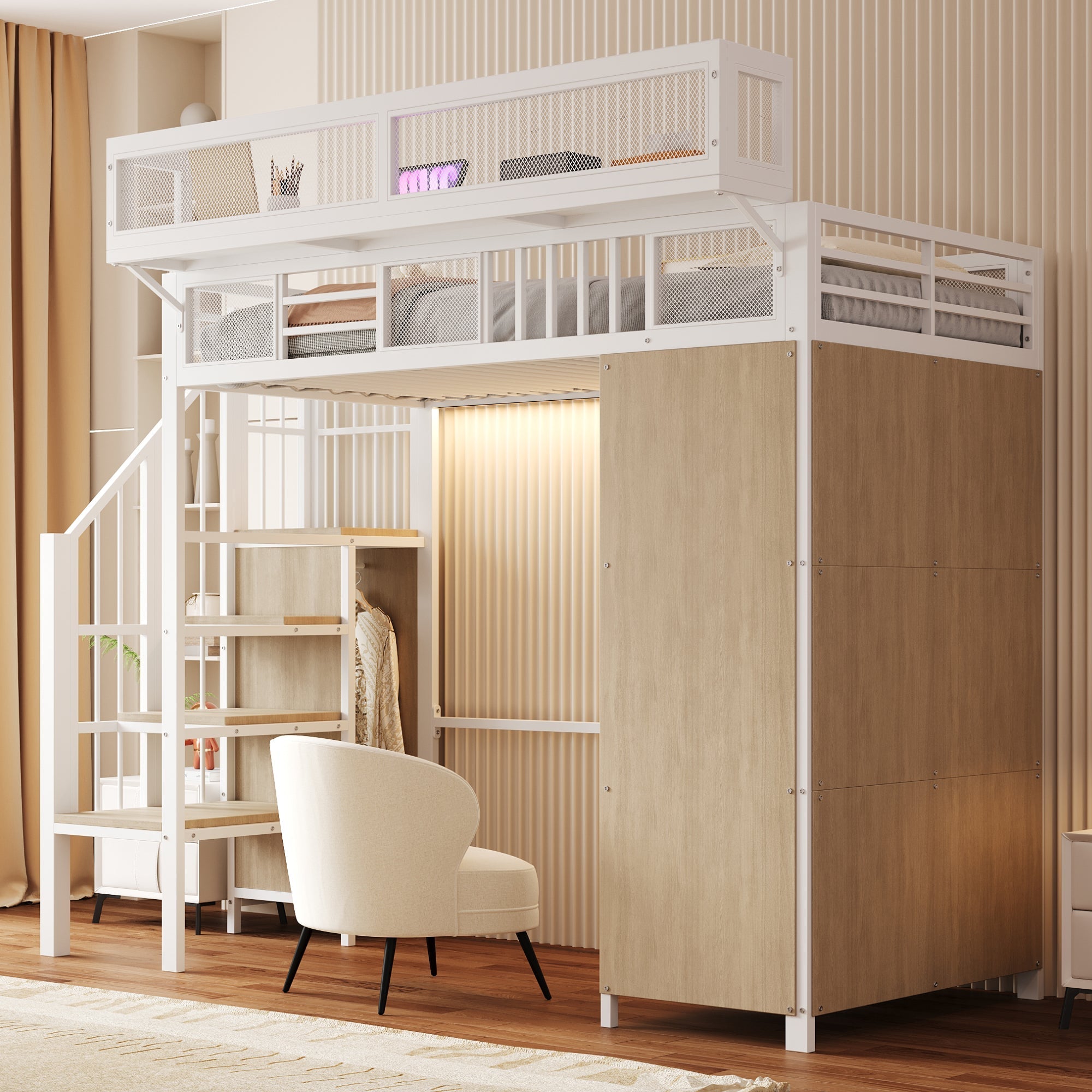 Metal Loft Bed with Wardrobe, Safety Ladder and LED Lighting, White