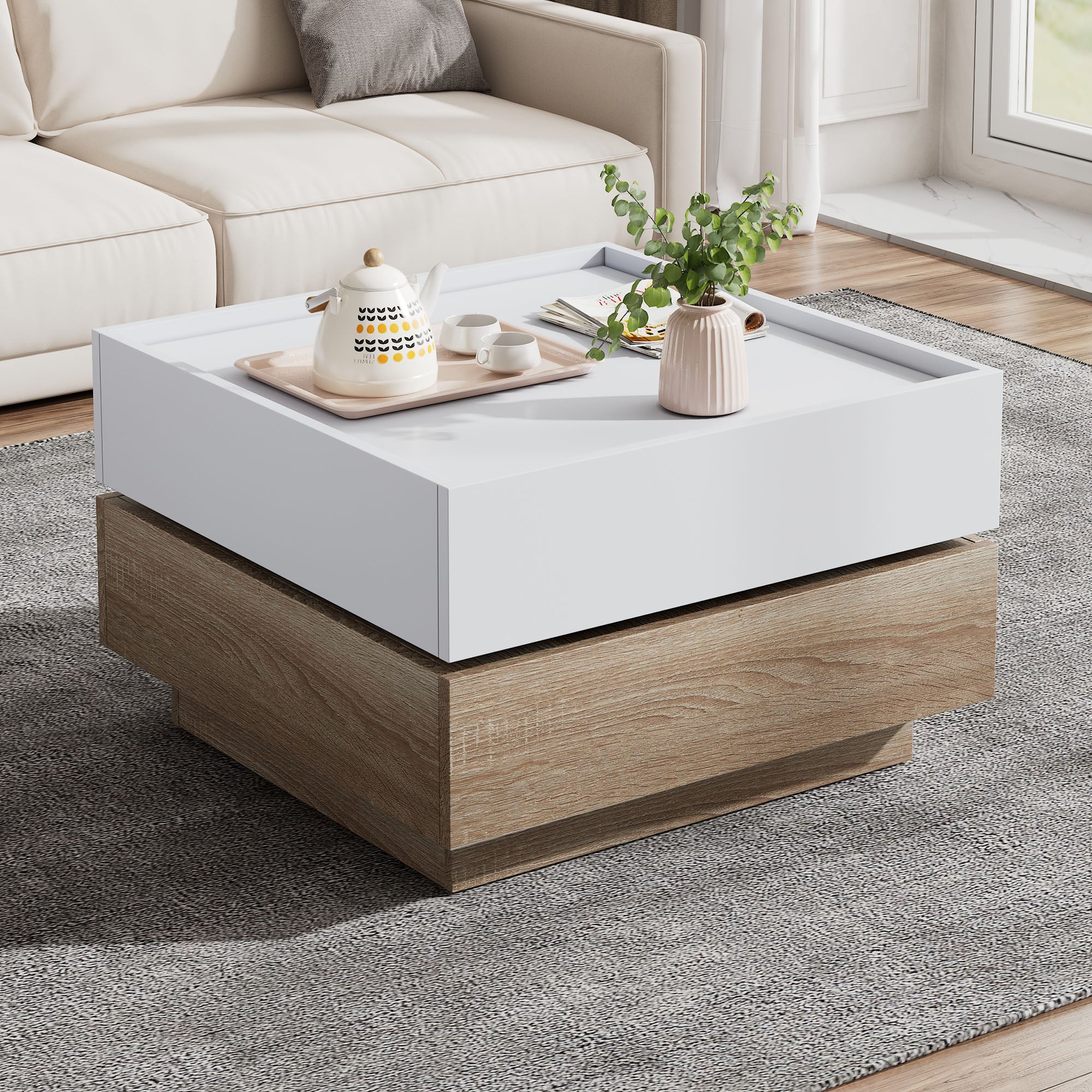 Functional coffee table, 360° rotatable with 2 levels storage, walnut frame white