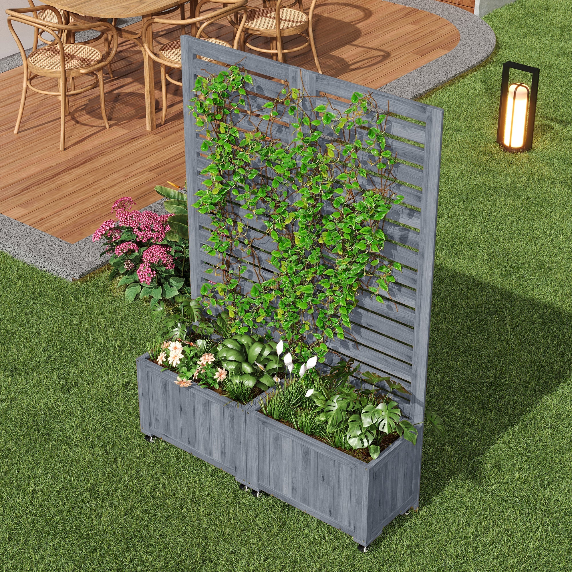 Outdoor Planter with Trellis and Universal Wheels, Grey Wood