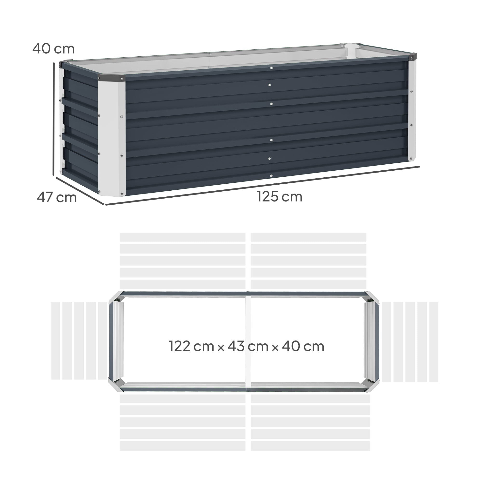 Steel Raised Garden Bed/Planter 125x47x40cm, Charcoal Grey
