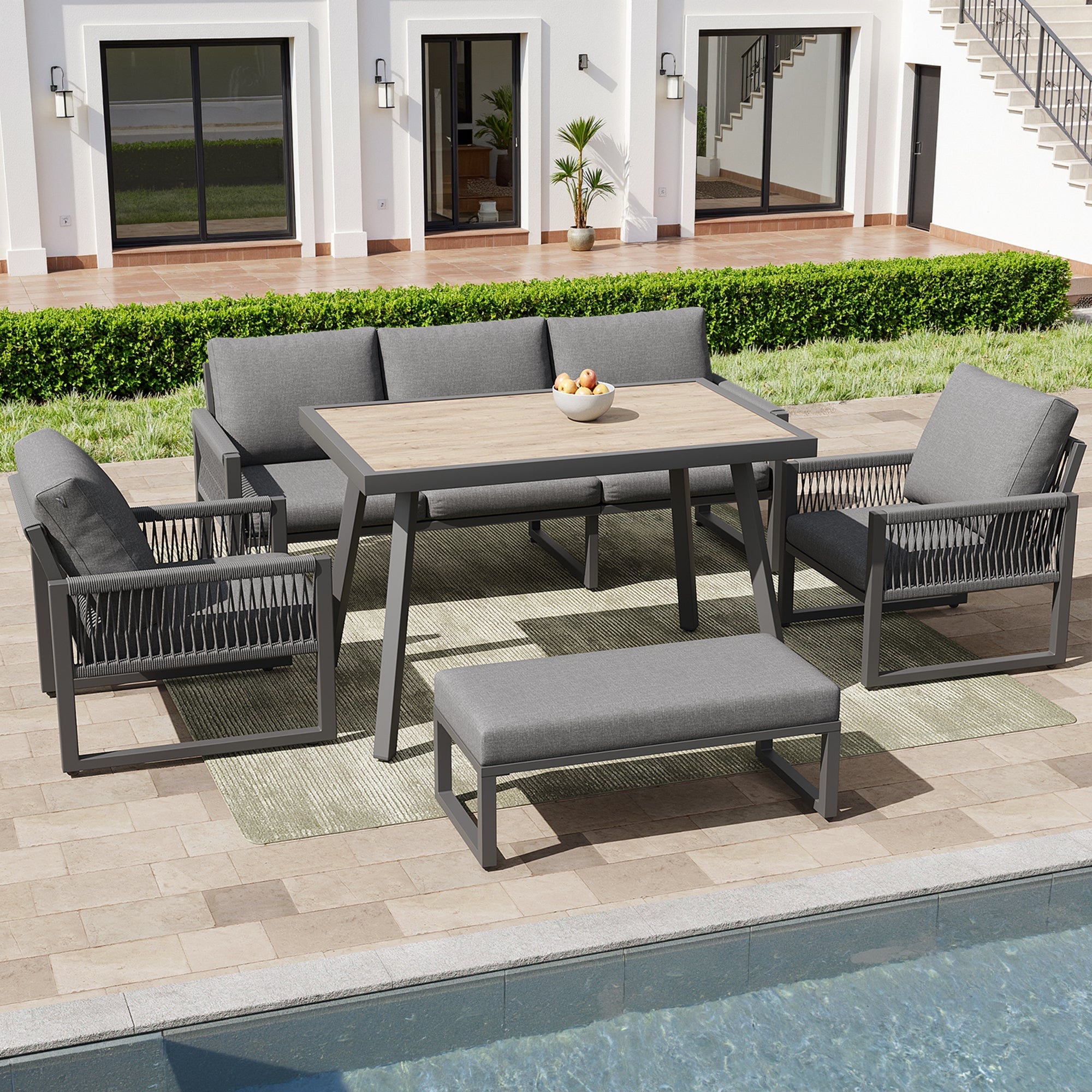 6-7 Seater Garden Lounge Set with Dining Table and Weatherproof Cushions, Gray