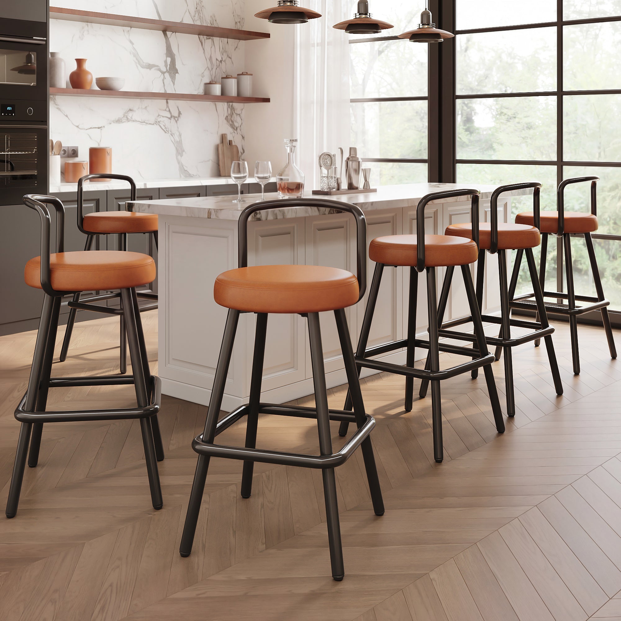 Modern Bar Stool Set of 6 with Ergonomic Backrest and Footrest, Brown PU Leather