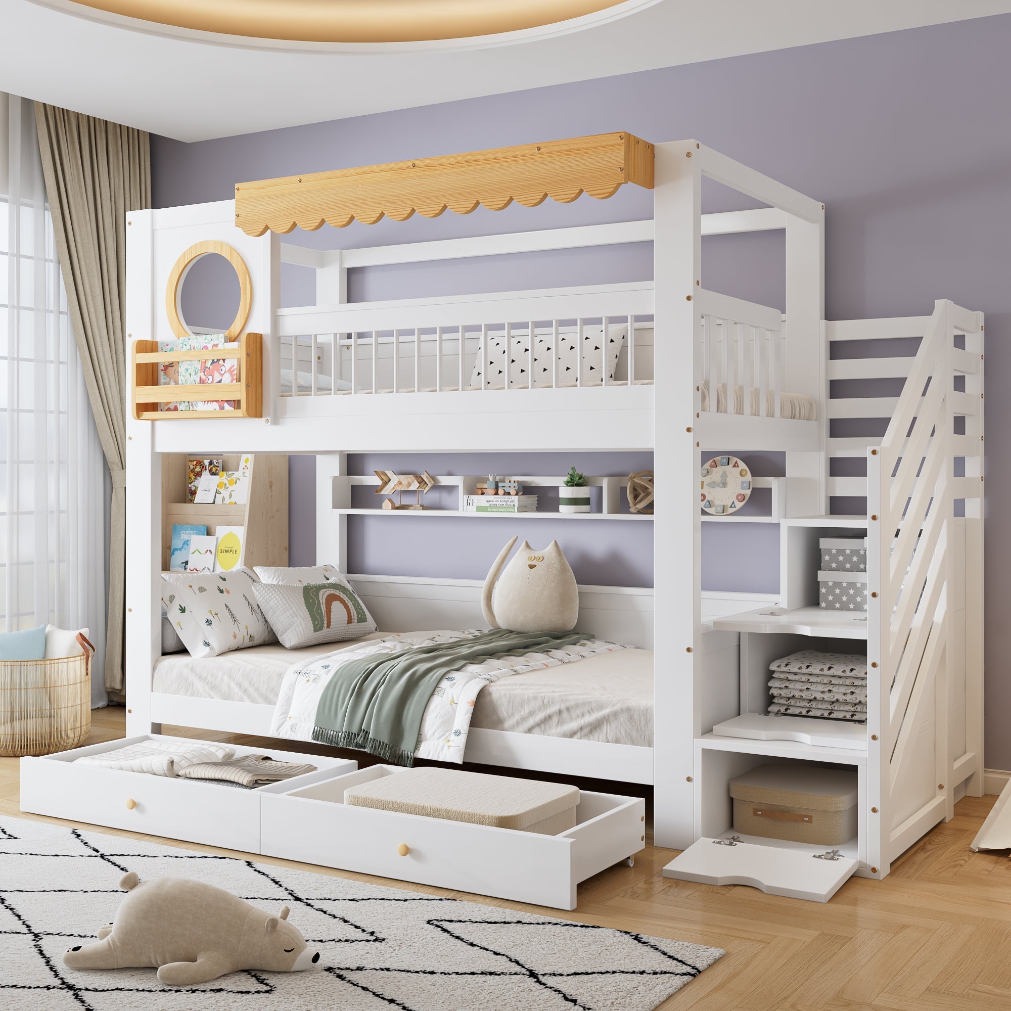 Bunk Bed with Storage Drawers, Staircase Wardrobe, 90x200cm, Pine + MDF White/Natural